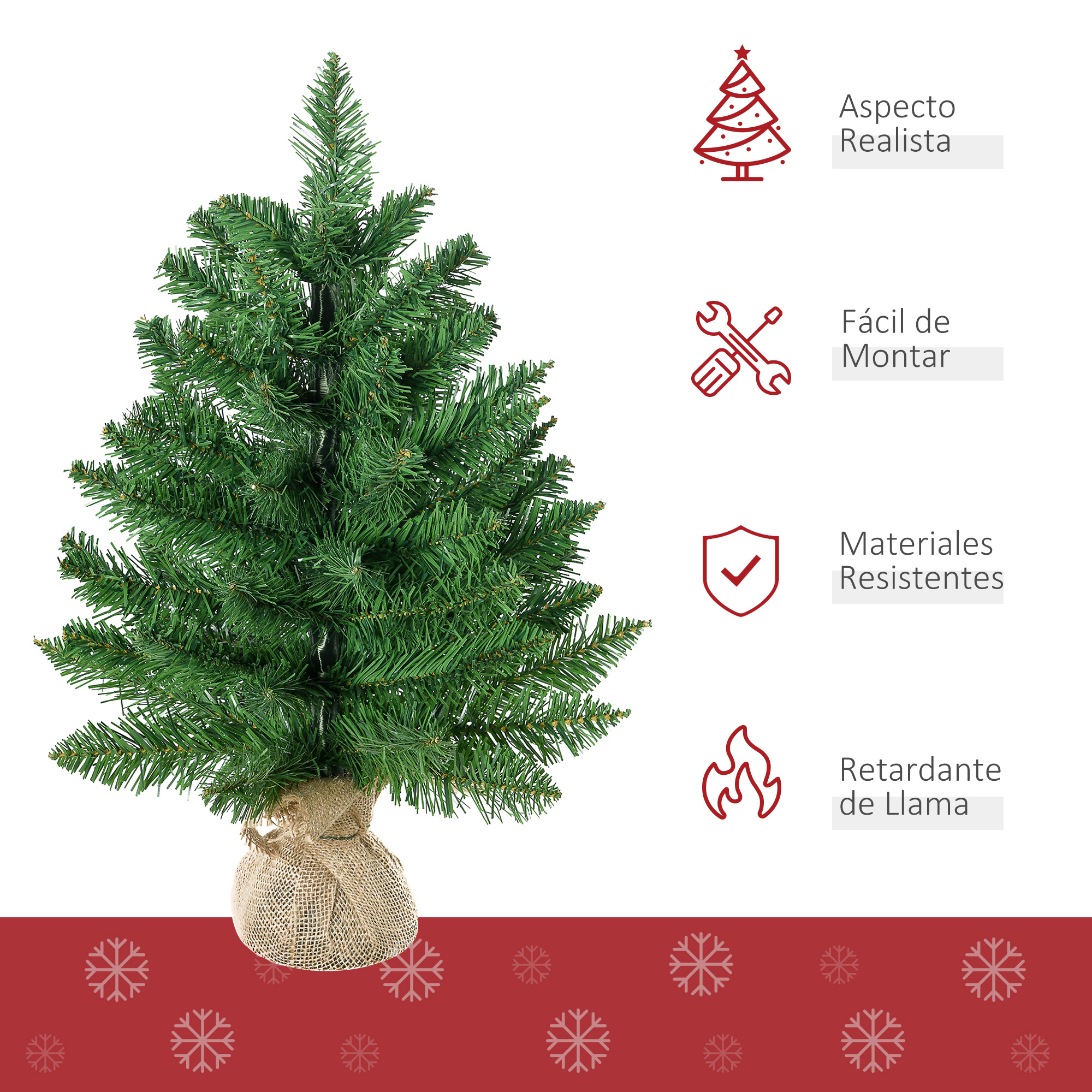 Pequeño árbol de Navidad artificial con etiquetas de texto que describen sus características.