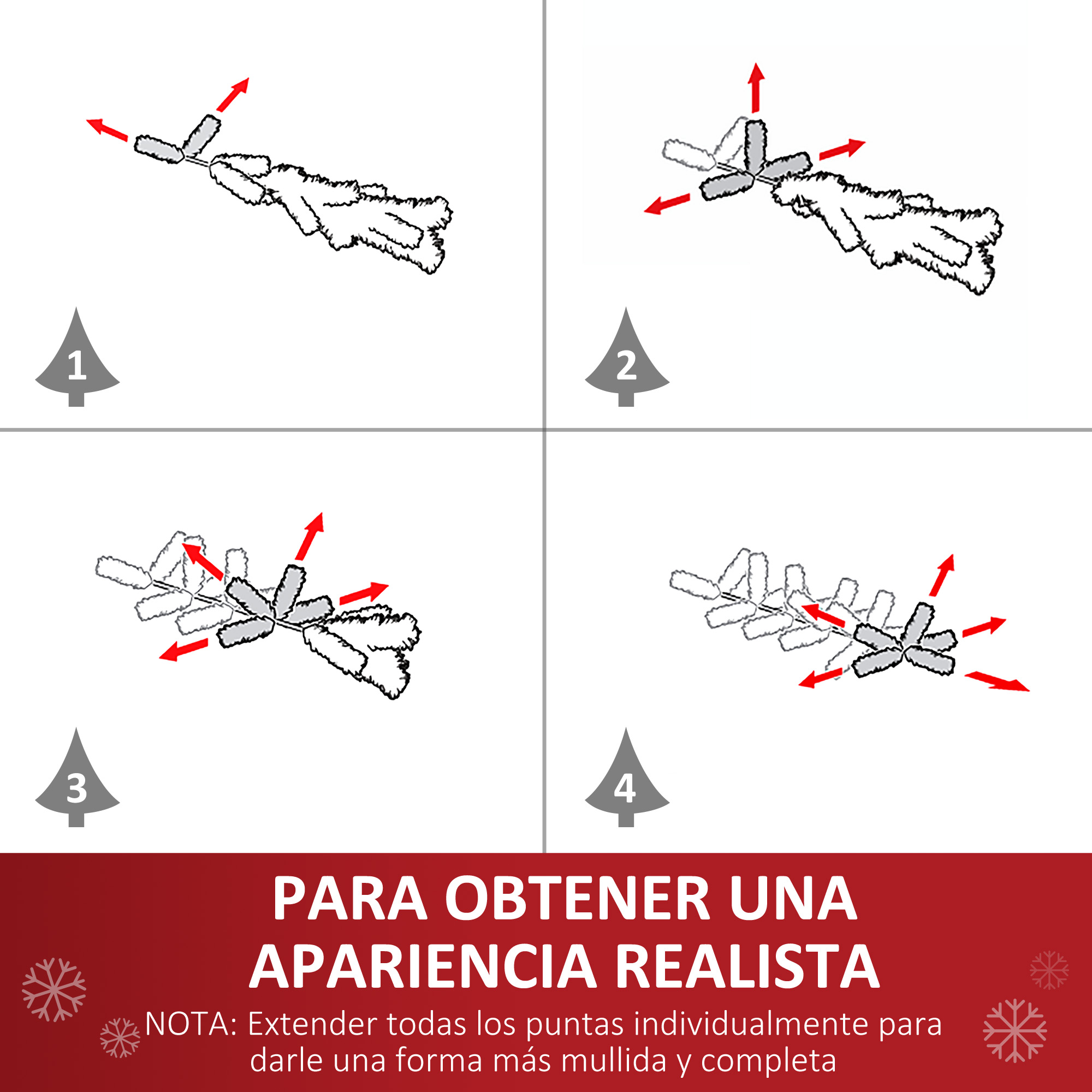 Diagrama de cómo montar un árbol de Navidad. Las flechas rojas muestran el proceso.