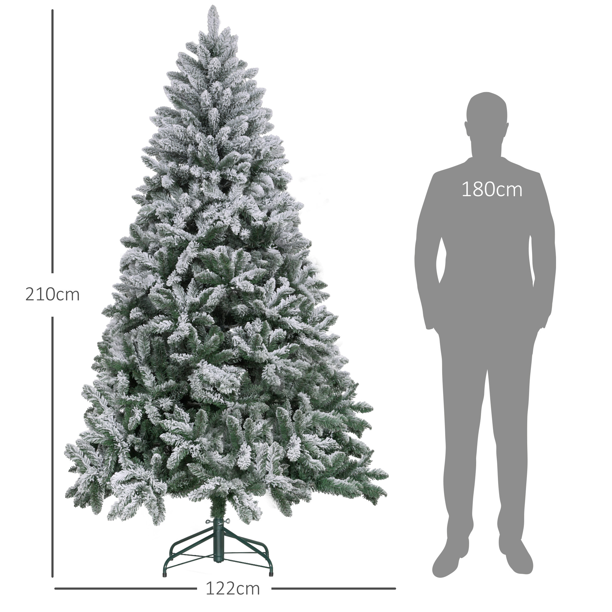 Gran árbol de Navidad con nieve, cerca de una silueta de persona mostrando 180cm de altura y 122cm de ancho.