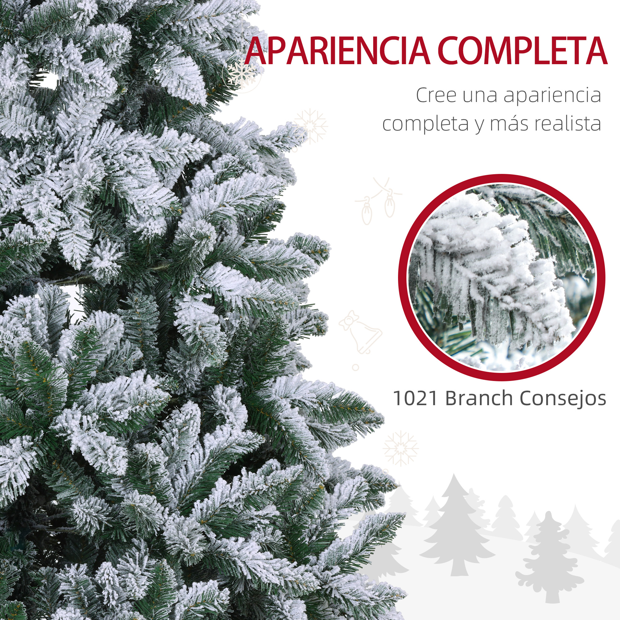 Árbol de Navidad verde con ramas cubiertas de nieve. Texto: 'APARIENCIA COMPLETA' y '1021 Branch Consejos'.