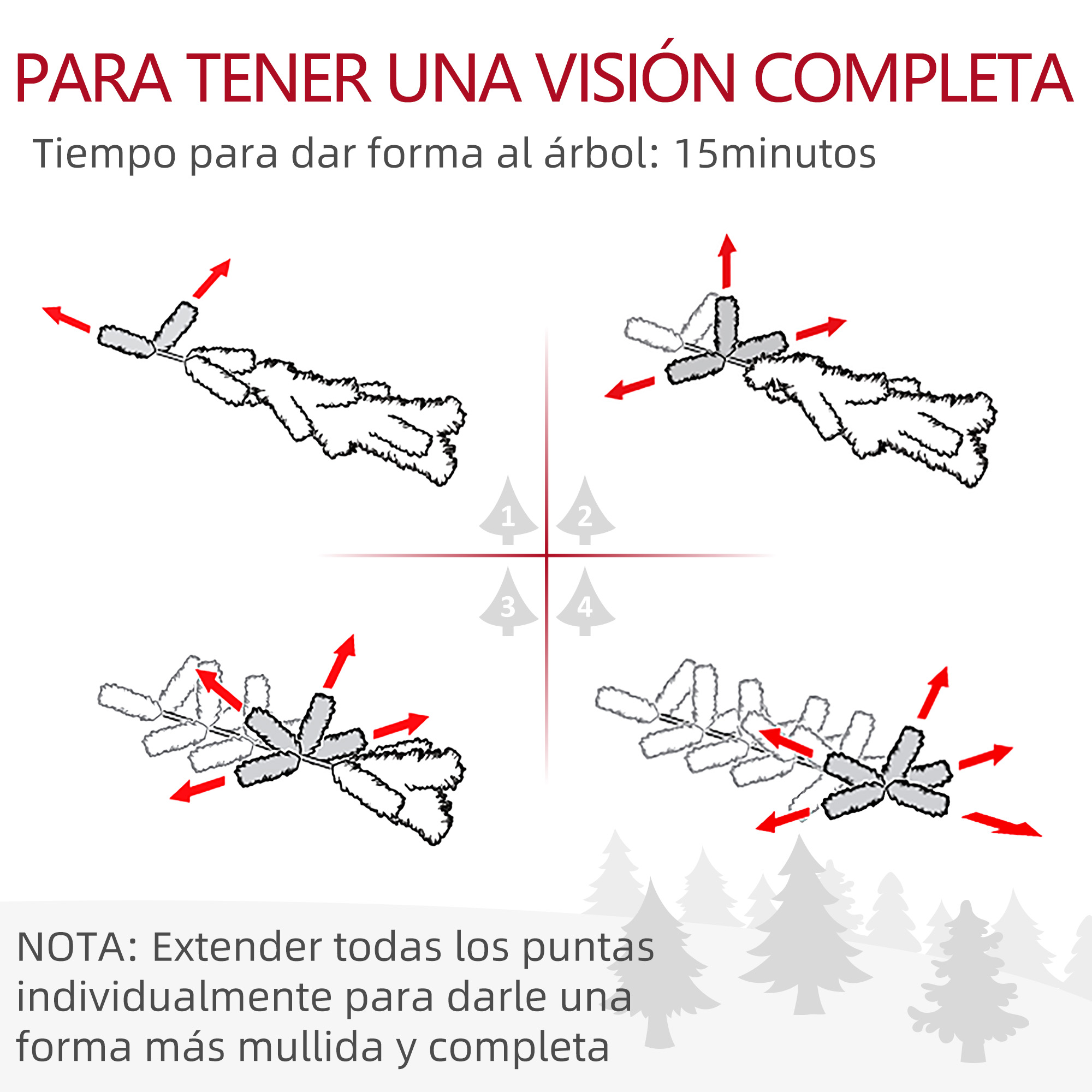 Diagrama con instrucciones para dar forma a un árbol de Navidad, con pasos numerados y flechas.