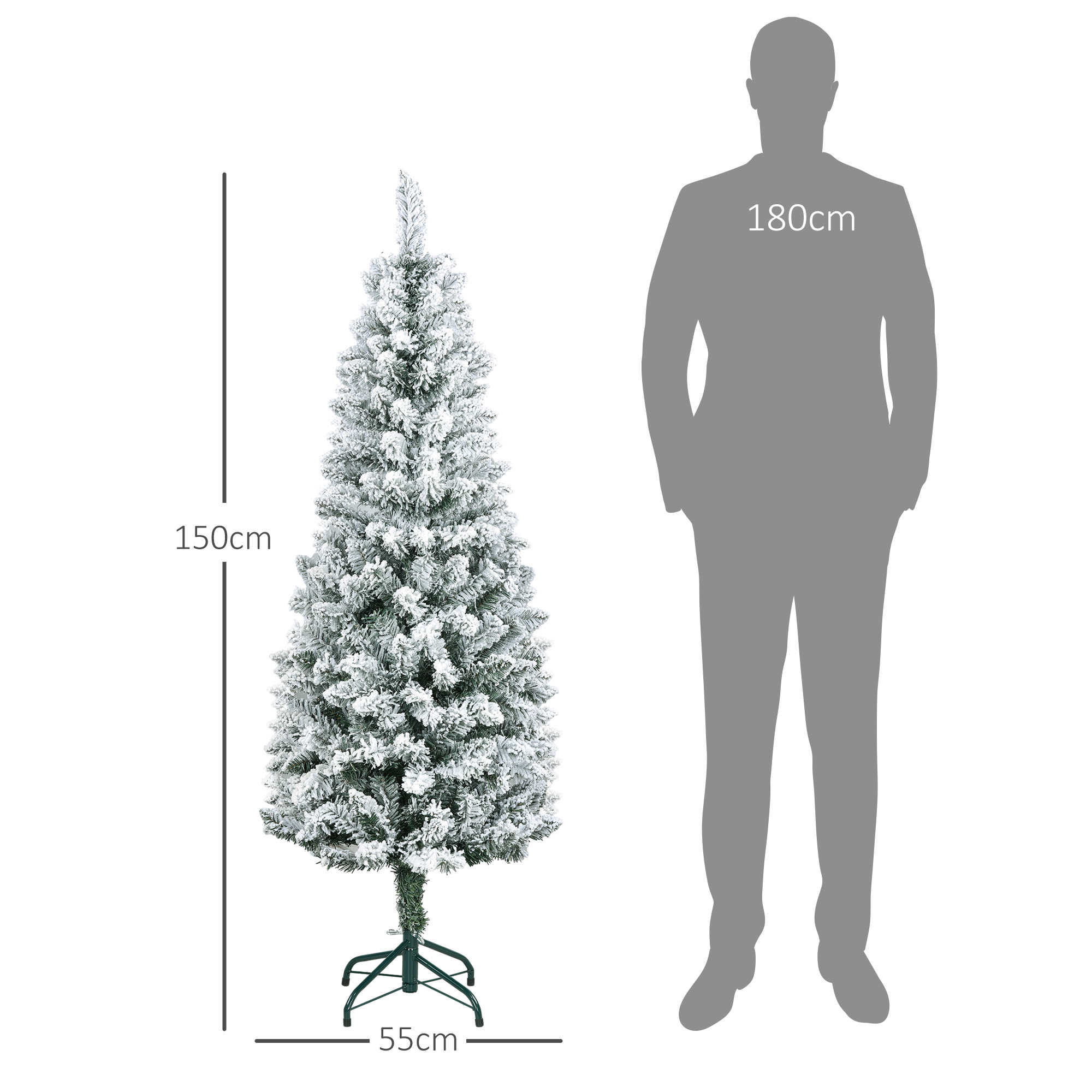 Árbol de Navidad nevado con dimensiones y silueta humana sobre blanco.
