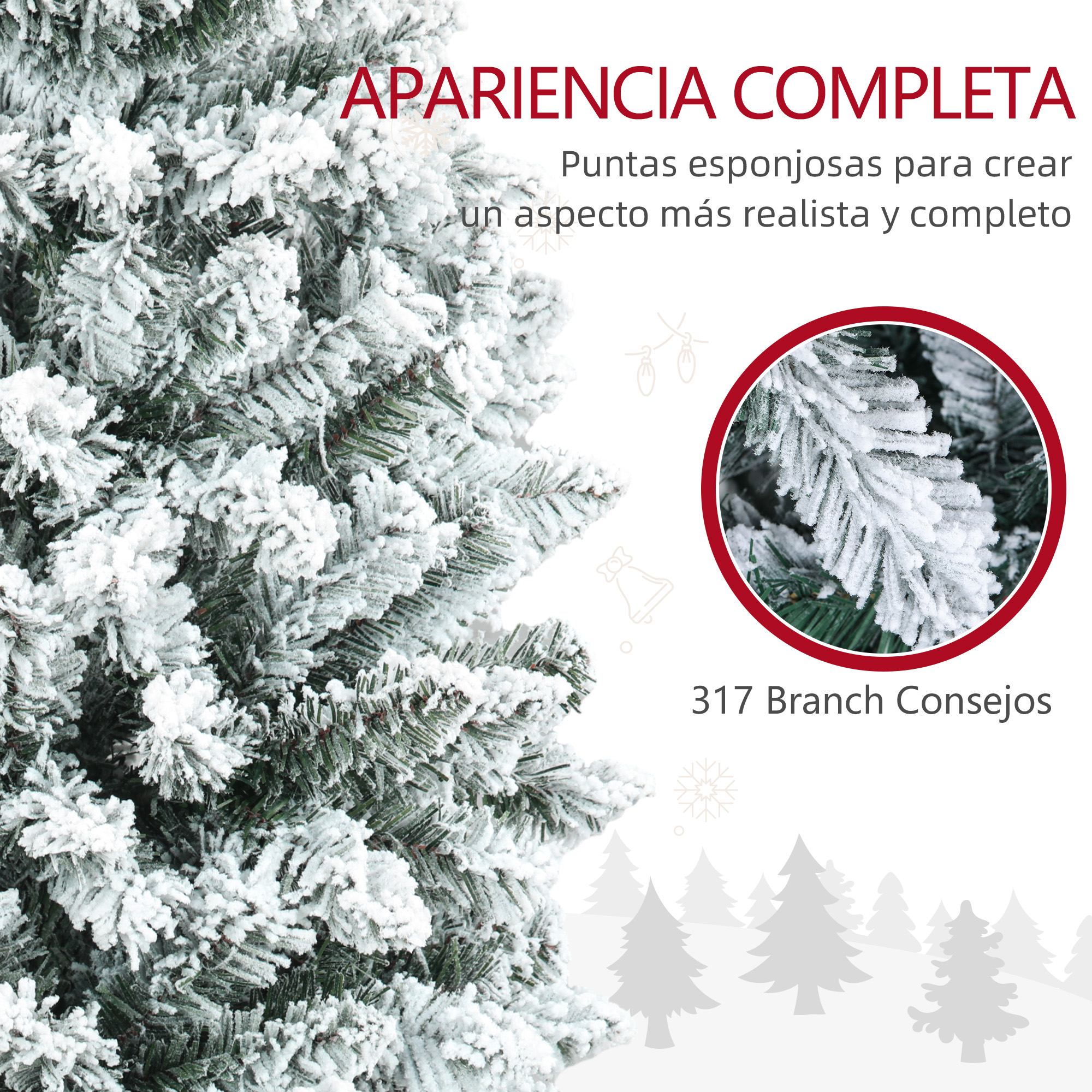 Primer plano de un árbol de Navidad artificial cubierto de nieve. Texto en español.