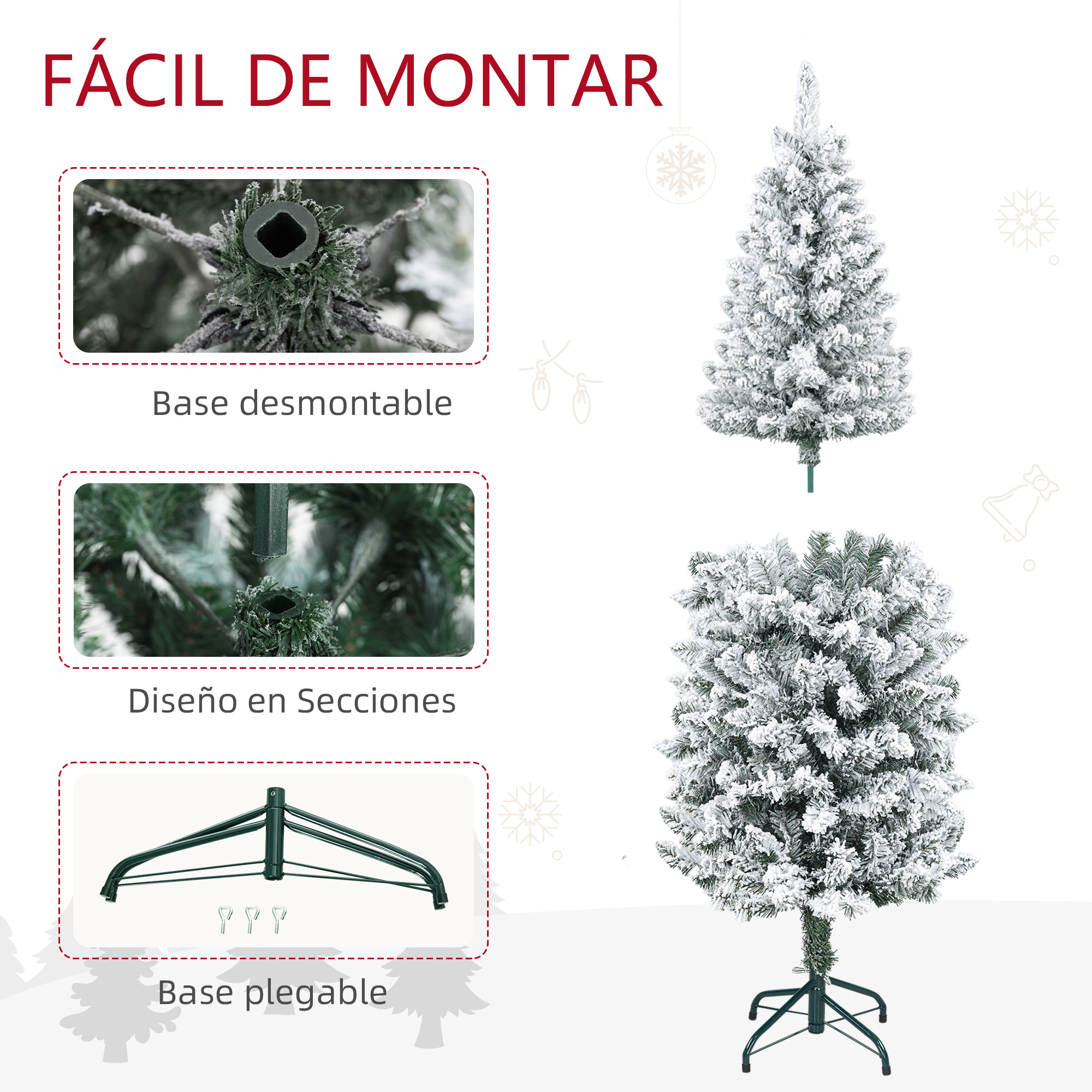 Árbol de Navidad artificial con efecto de nieve, con imágenes de montaje detalladas.