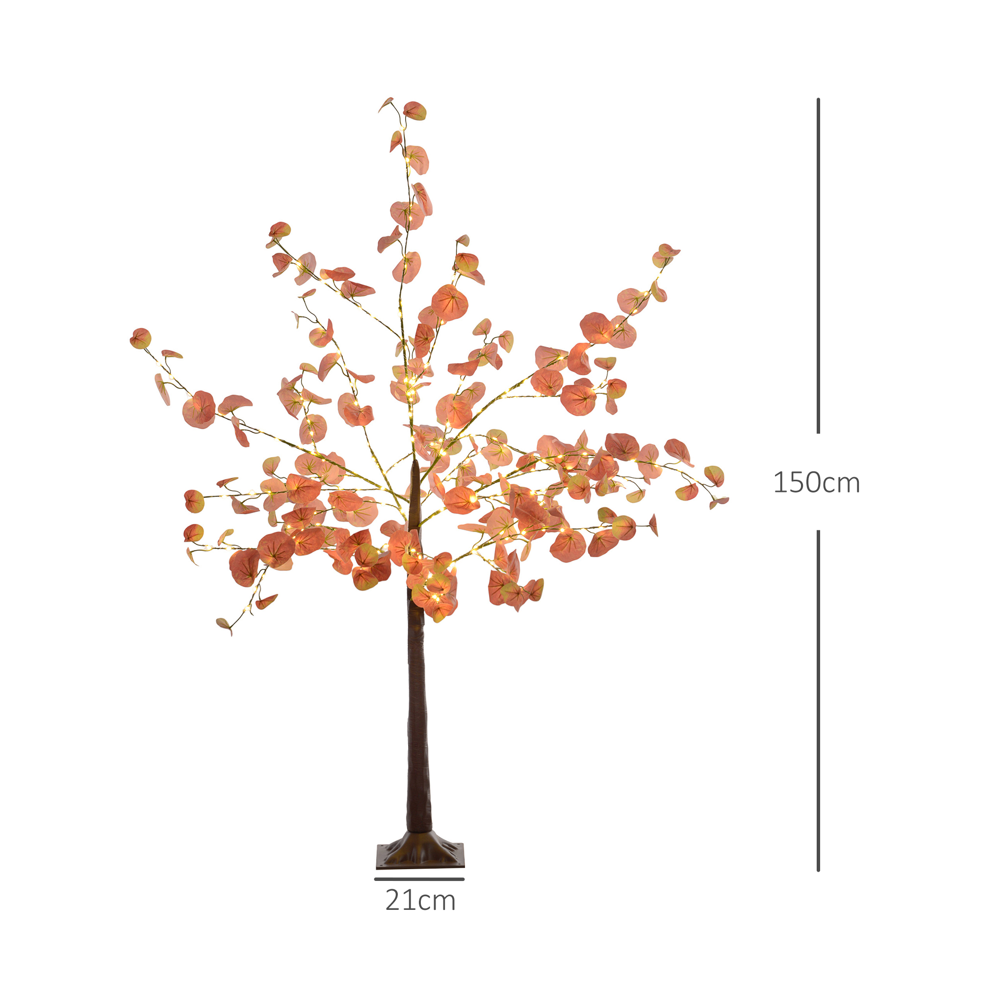Un árbol artificial decorativo con hojas naranjas. Se apoya en una base cuadrada y mide 150cm de altura.