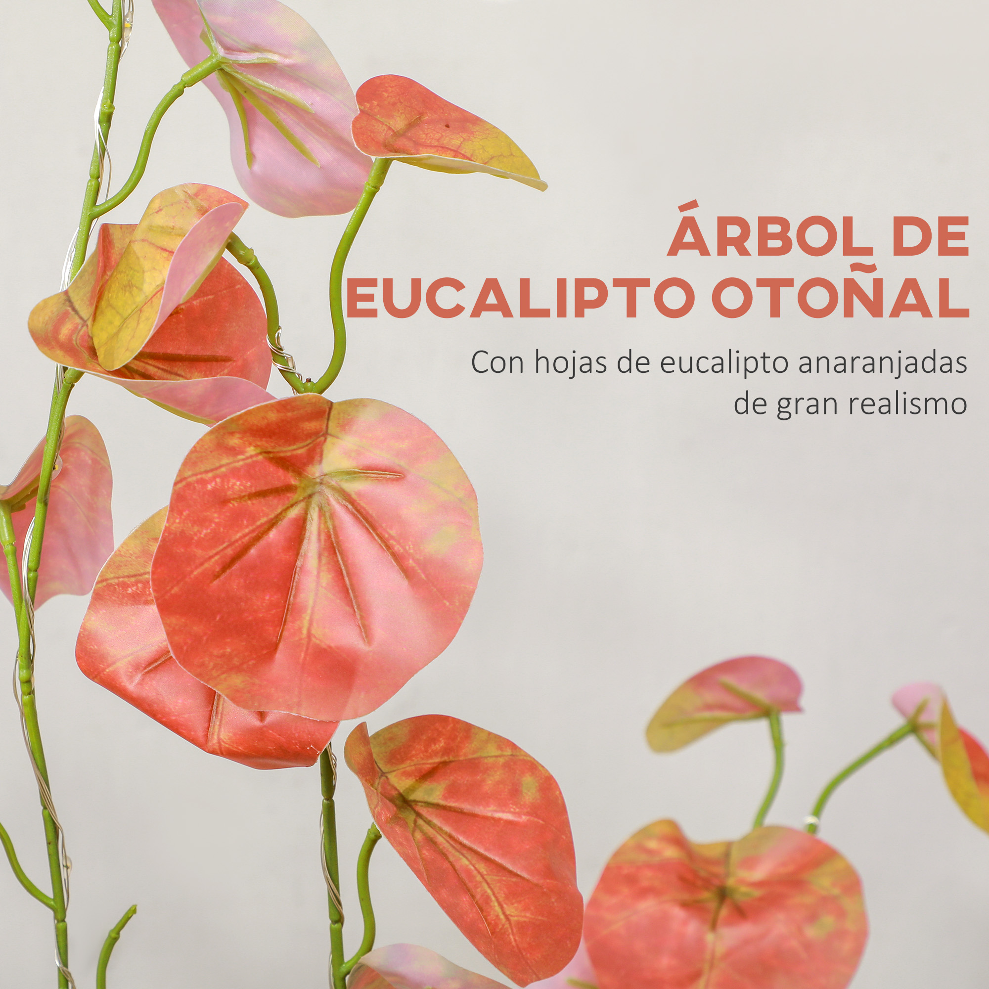 Hojas naranjas y rosas en tallos finos, contra un fondo gris.