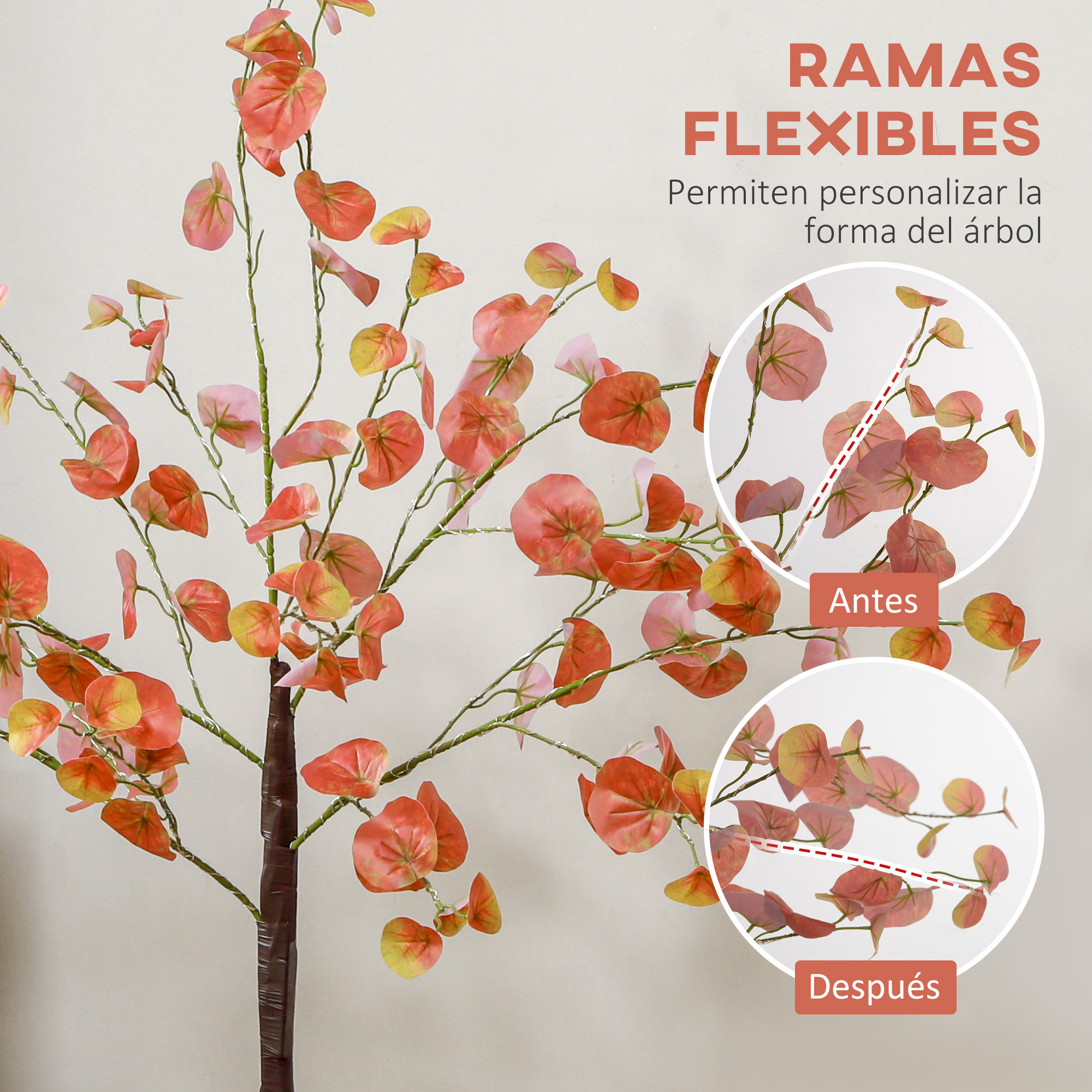 Un árbol con ramas flexibles, mostrando ajustes de antes y después.