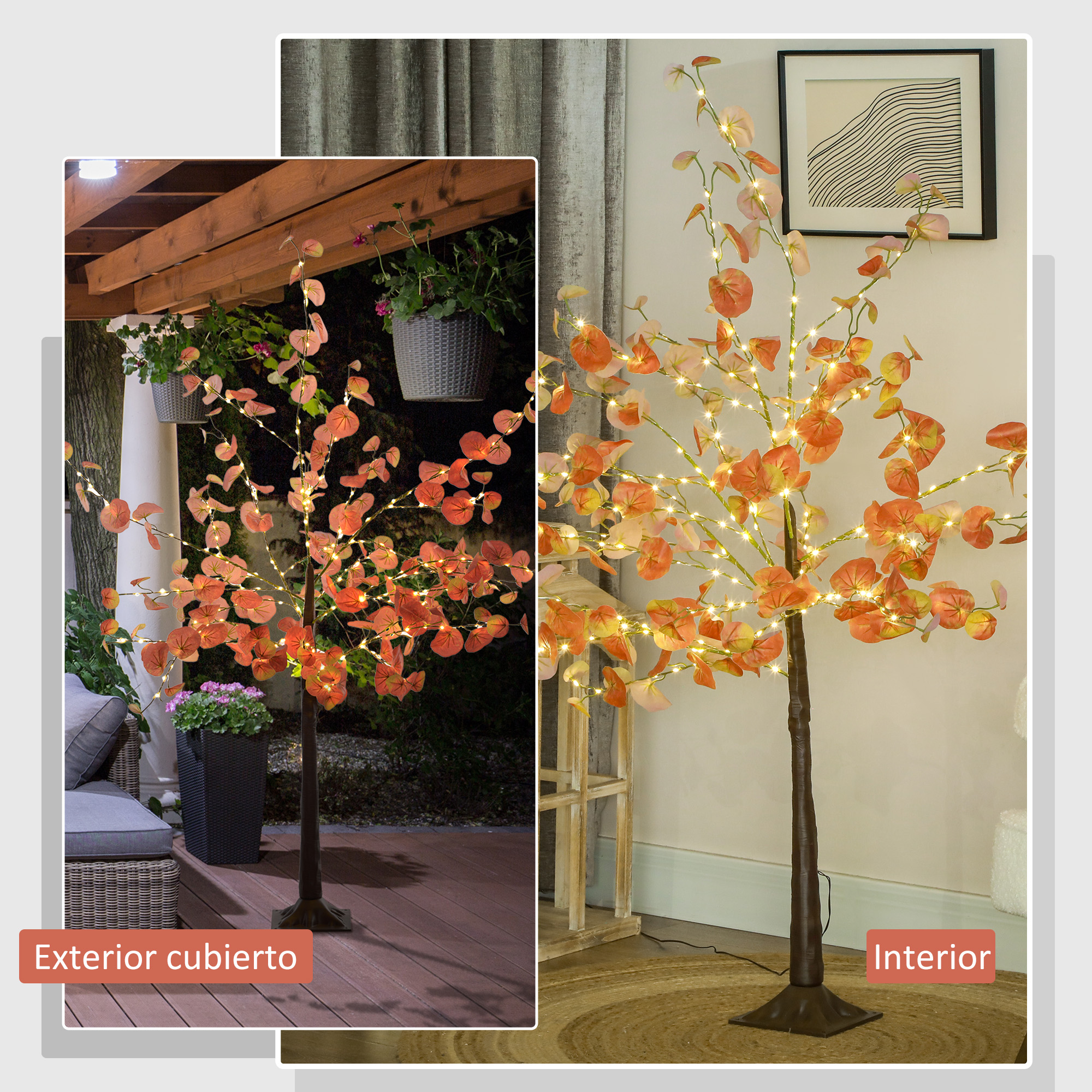 Dos imágenes que muestran un árbol decorativo con hojas naranjas y luces de hadas, una al aire libre y otra en interiores.