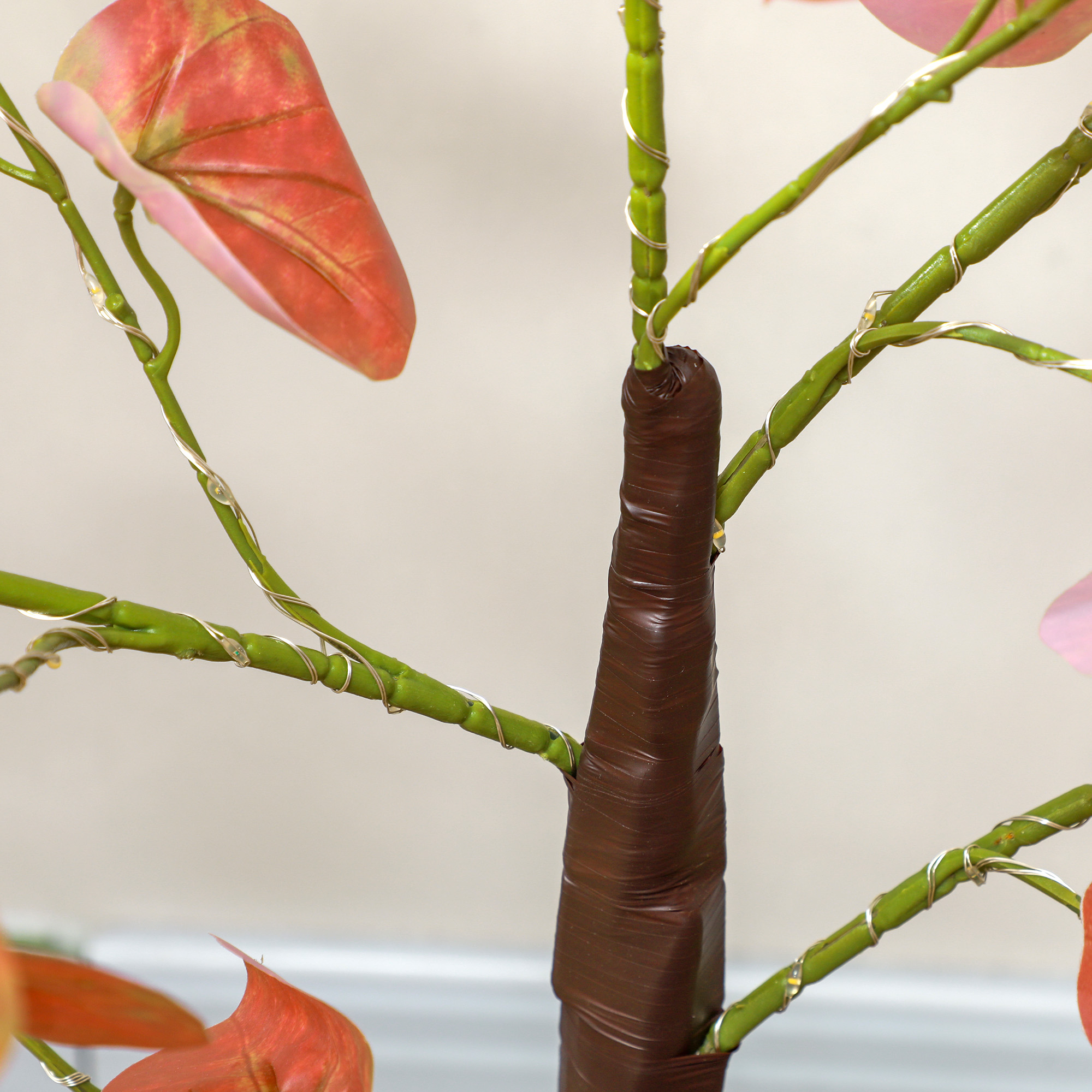 Primer plano de una rama de árbol con tallos verdes y hojas rosadas.