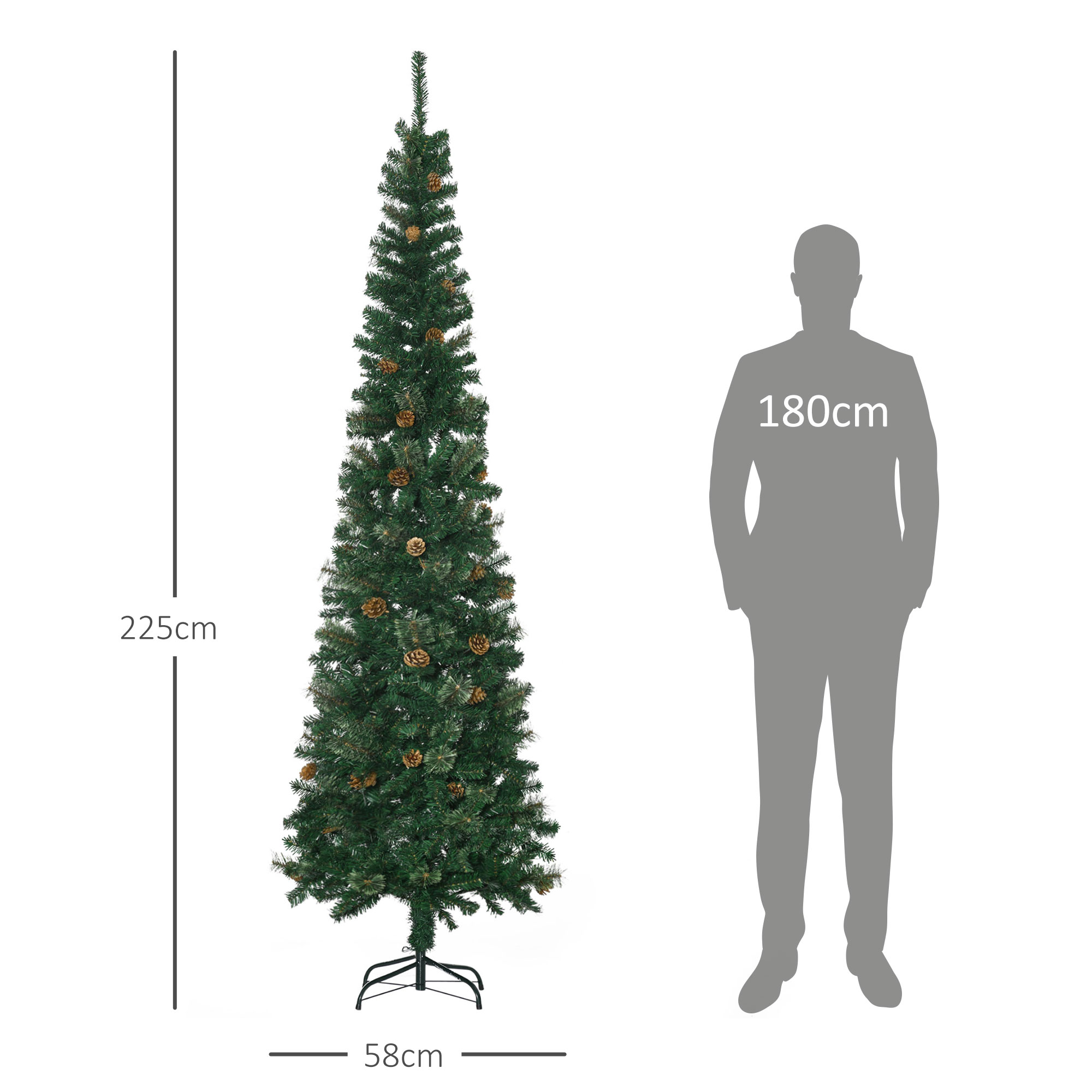 Un árbol de Navidad verde y alto con piñas y un soporte, junto a una silueta de 180 cm.