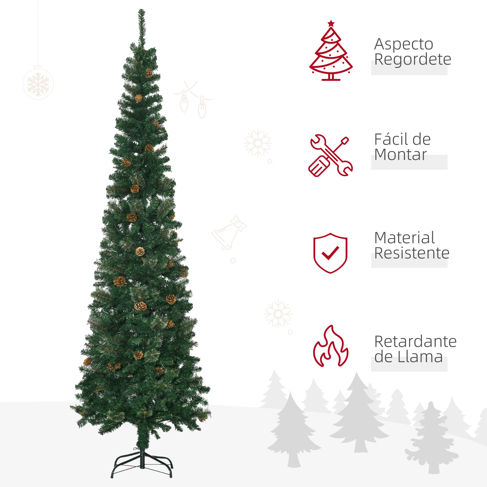 Árbol de Navidad con piñas e iconos que muestran características: fácil de montar, material resistente y retardante de llama.