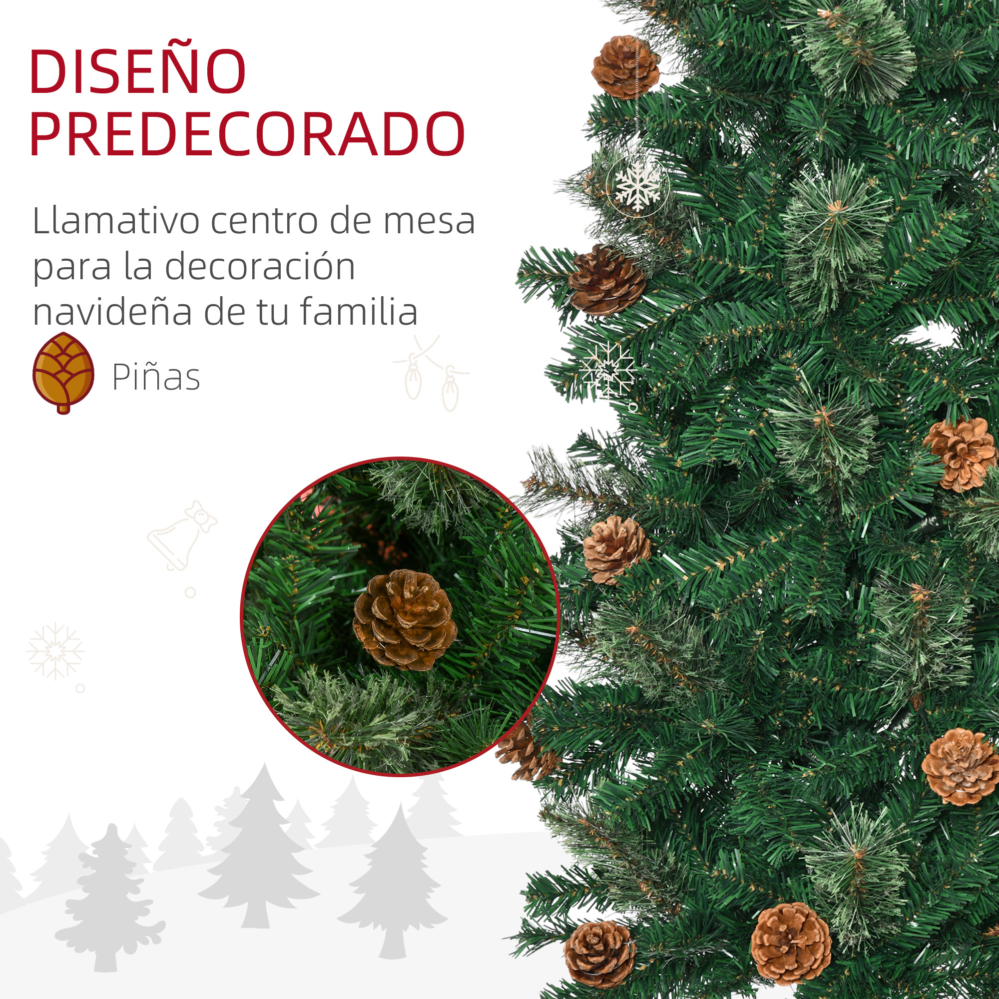 Árbol de Navidad decorado con piñas, texto en español: 'DISEÑO PREDECORADO'.