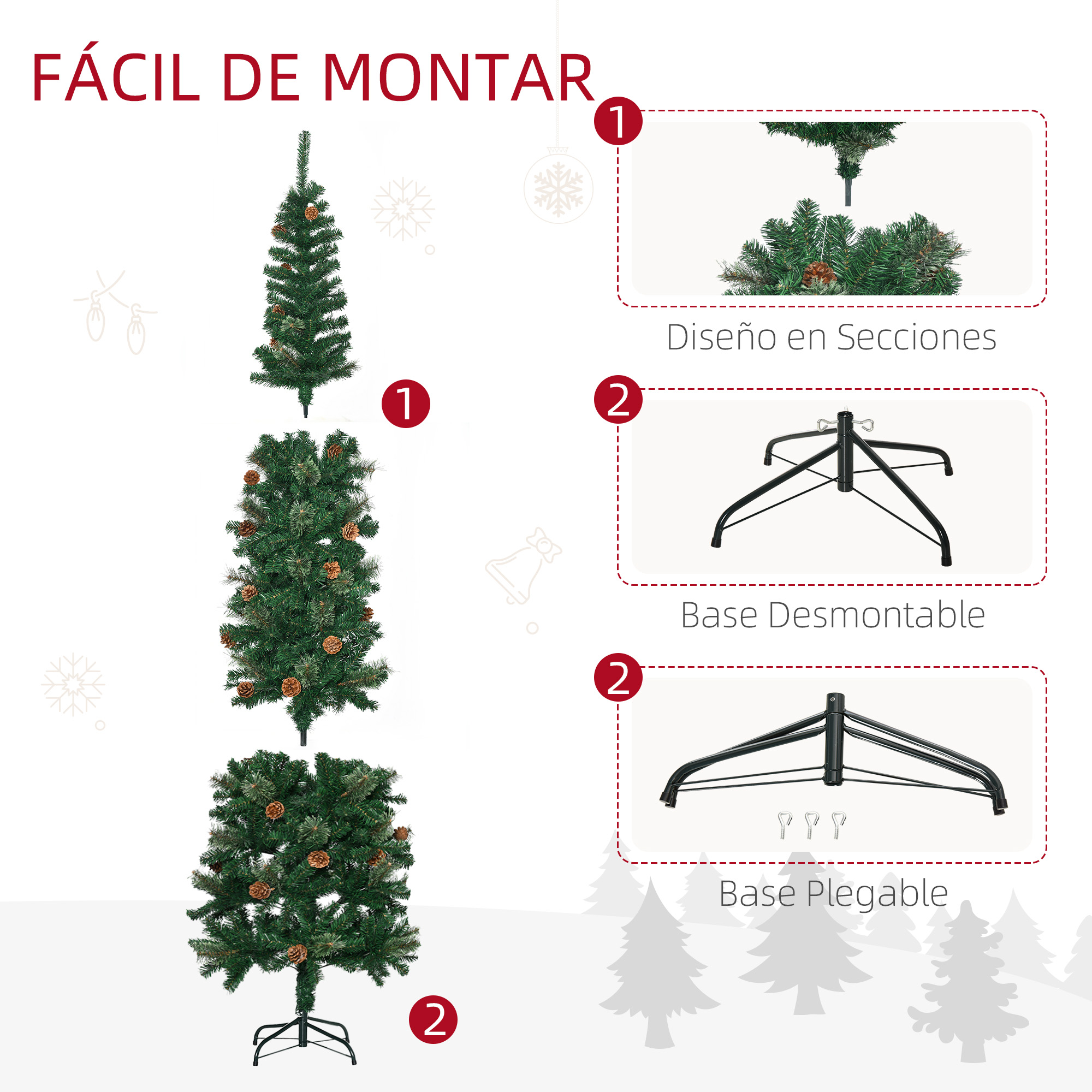 Un árbol de Navidad en tres etapas de montaje: completamente montado, parcialmente montado y la base.
