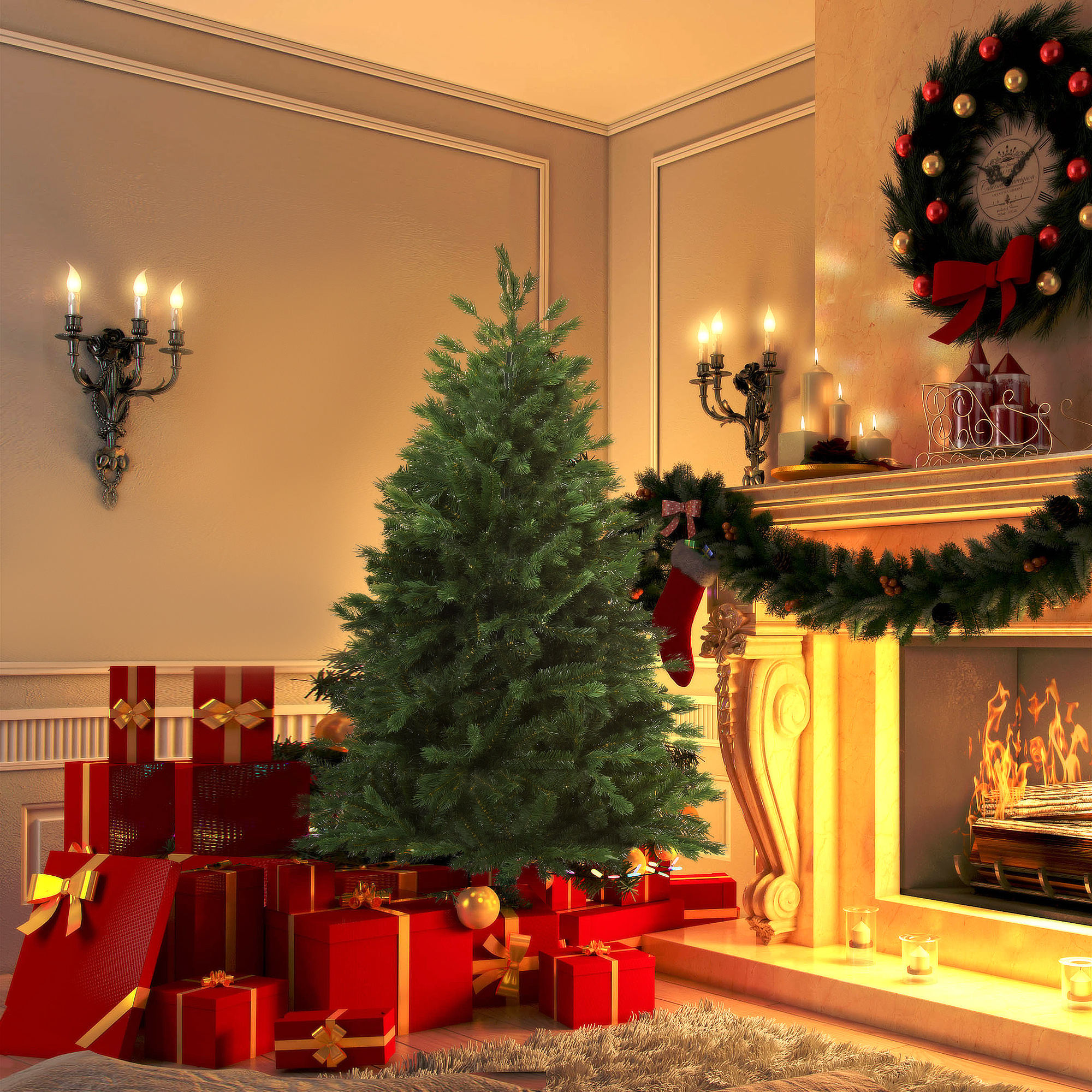 Escena navideña festiva con regalos, árbol, chimenea, corona, velas y una alfombra.