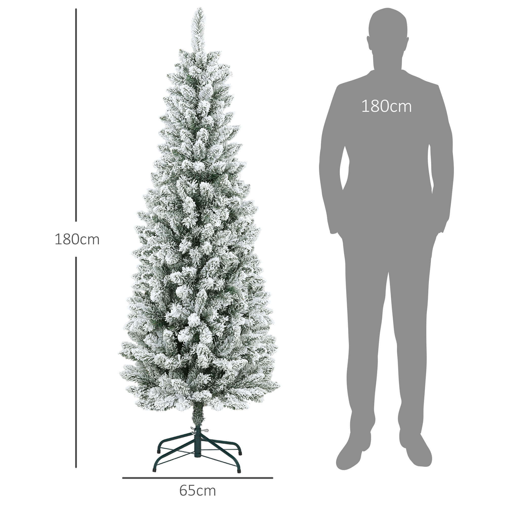 Un árbol de Navidad alto y nevado junto a una silueta de persona, sobre un fondo blanco.