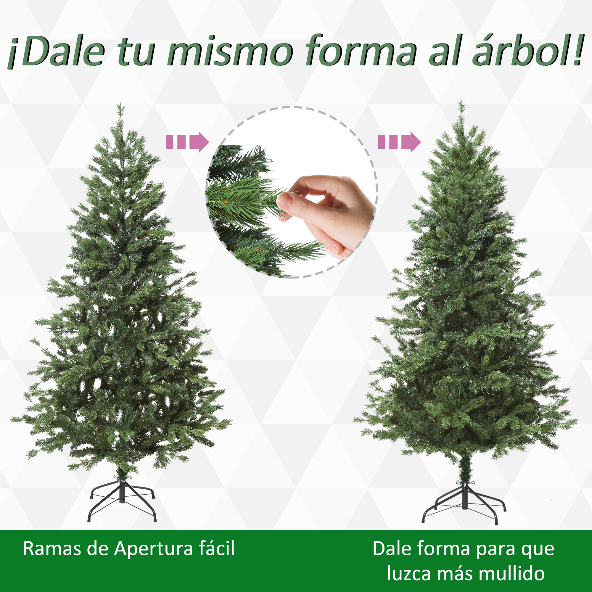 Dos árboles de Navidad, uno abierto y otro formándose, con texto sobre la forma del árbol.