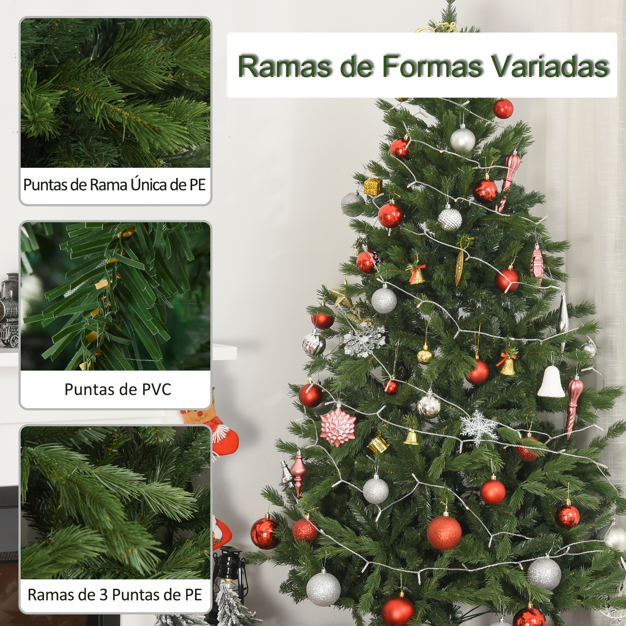 Árbol de Navidad con decoraciones. Se muestran tomas detalladas de ramas y tipos de árboles.