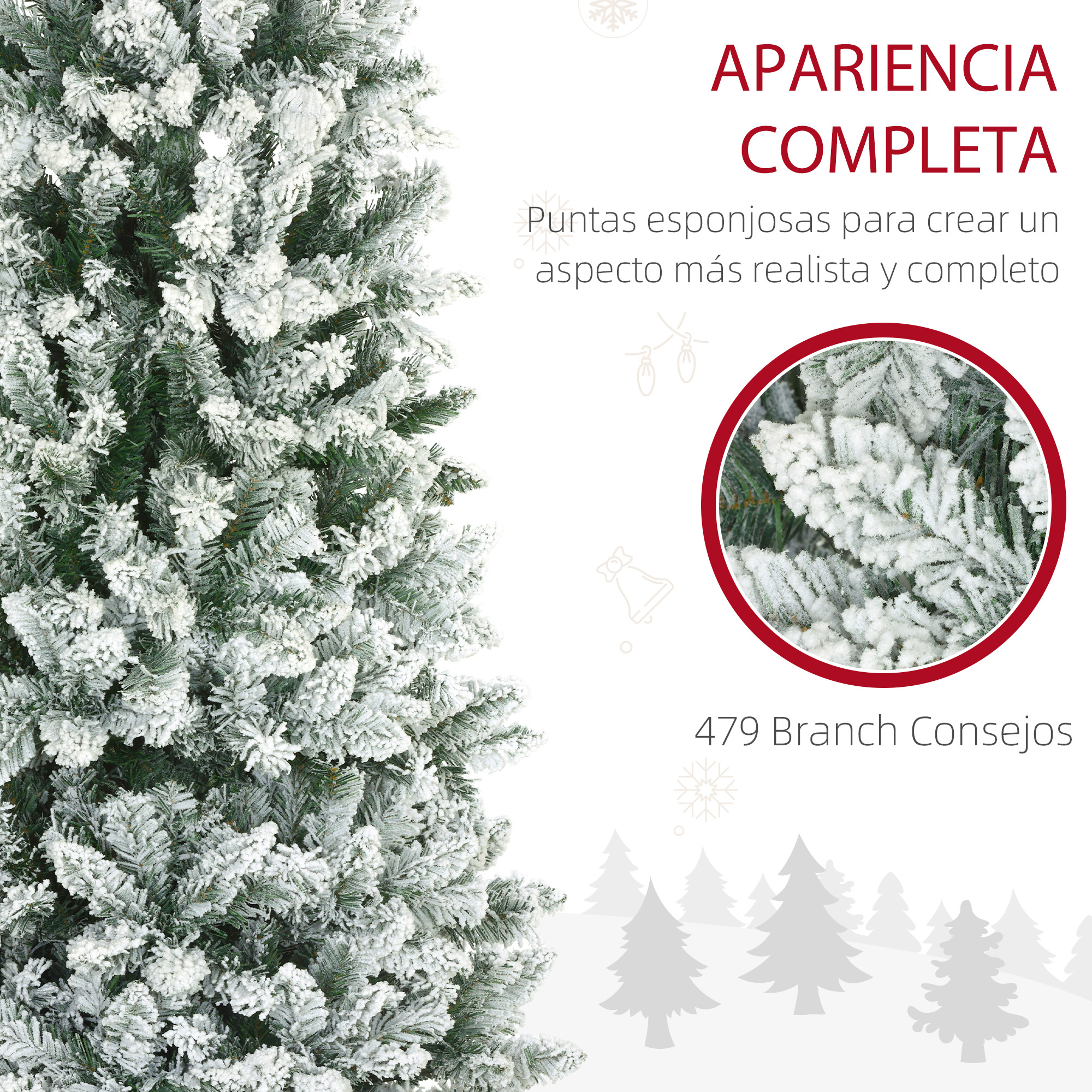 Primer plano de un árbol de Navidad nevado con texto en español sobre las ramas.