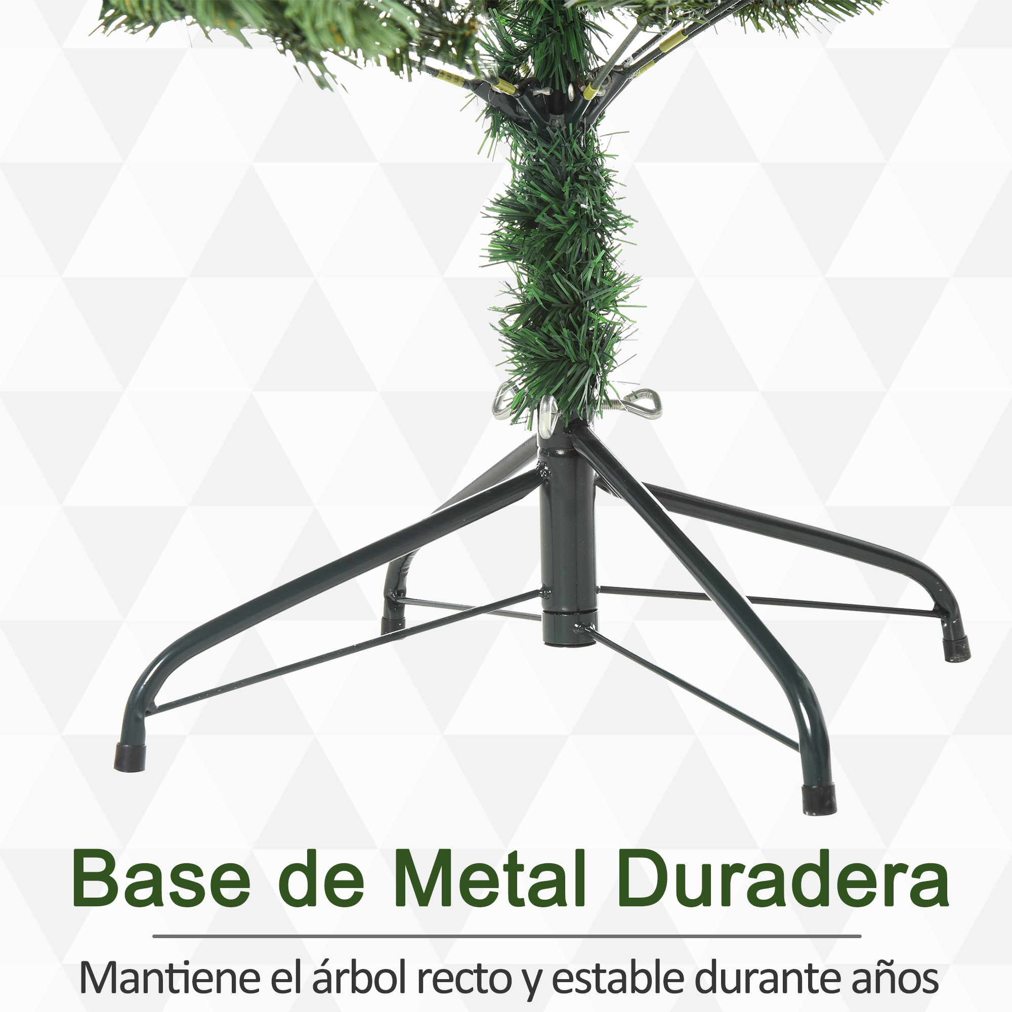 Primer plano de la base de un árbol de Navidad con marco de metal verde.