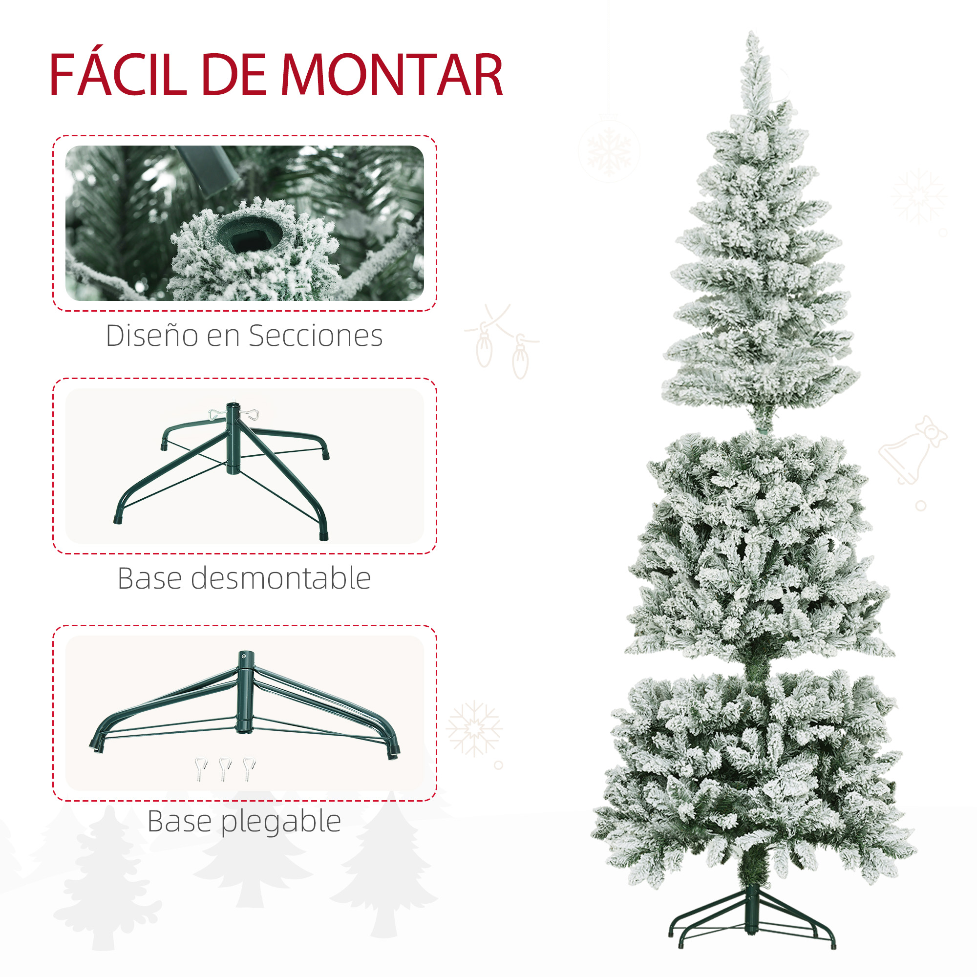 Diagrama: Montaje de árbol de Navidad artificial, secciones y base plegable.