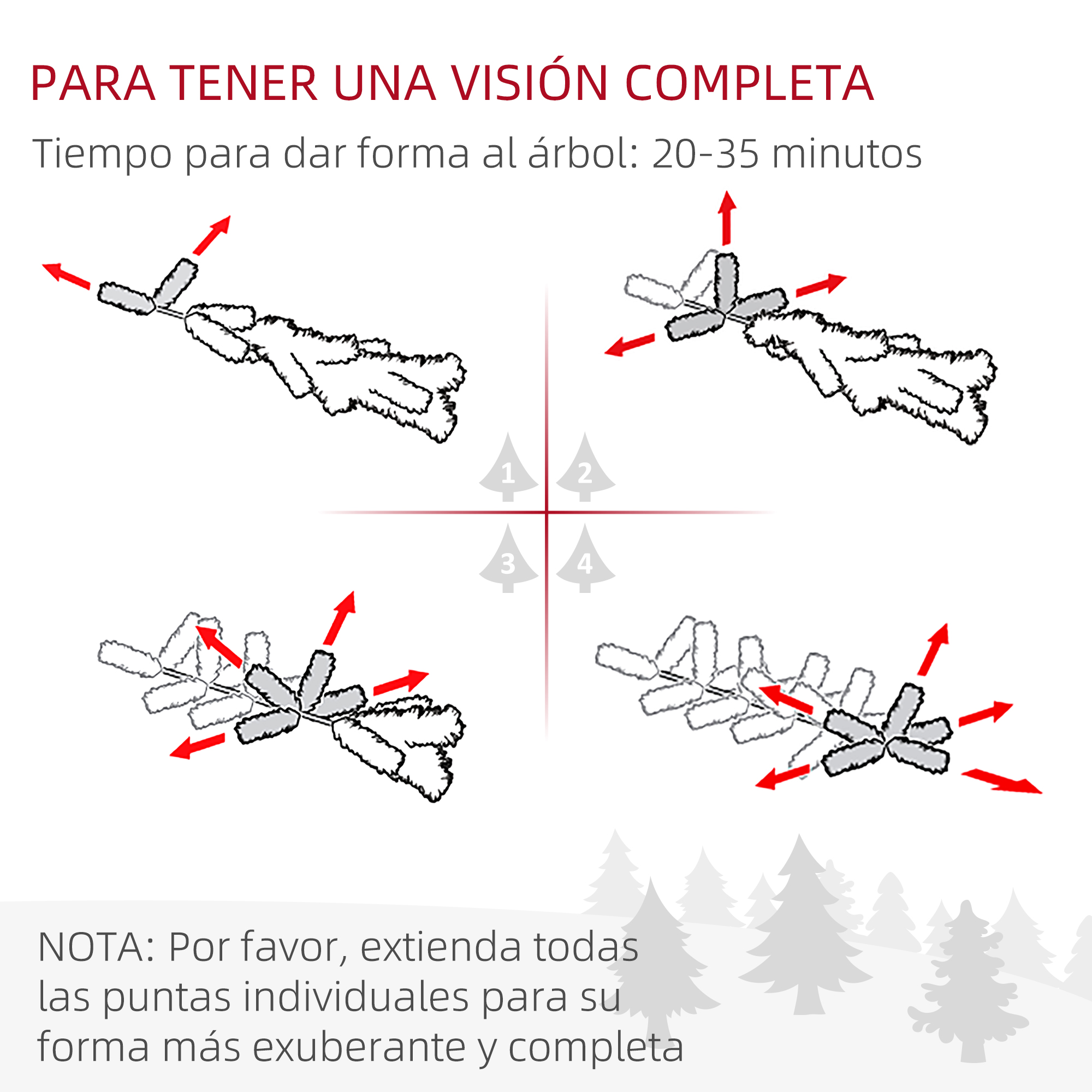 Diagrama que muestra cómo dar forma a un árbol de Navidad, con instrucciones en español.