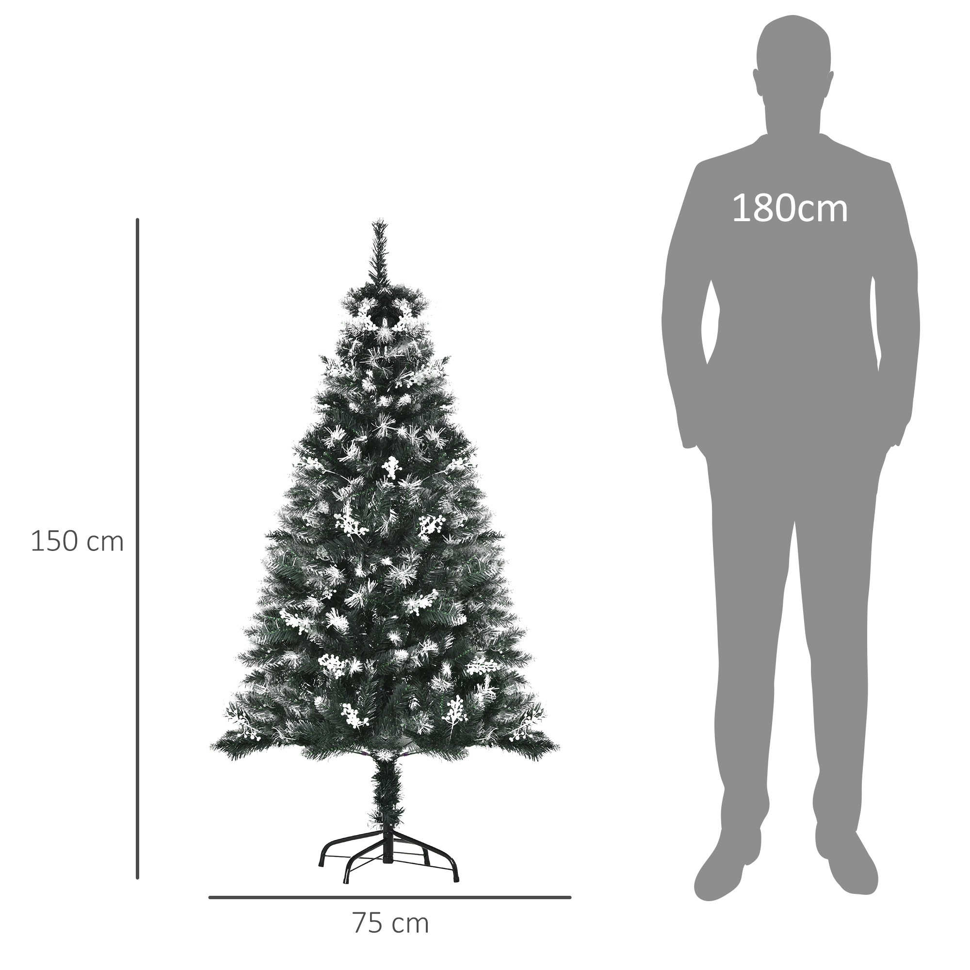 Árbol de Navidad con copos de nieve y silueta de persona como referencia. Dimensiones proporcionadas.