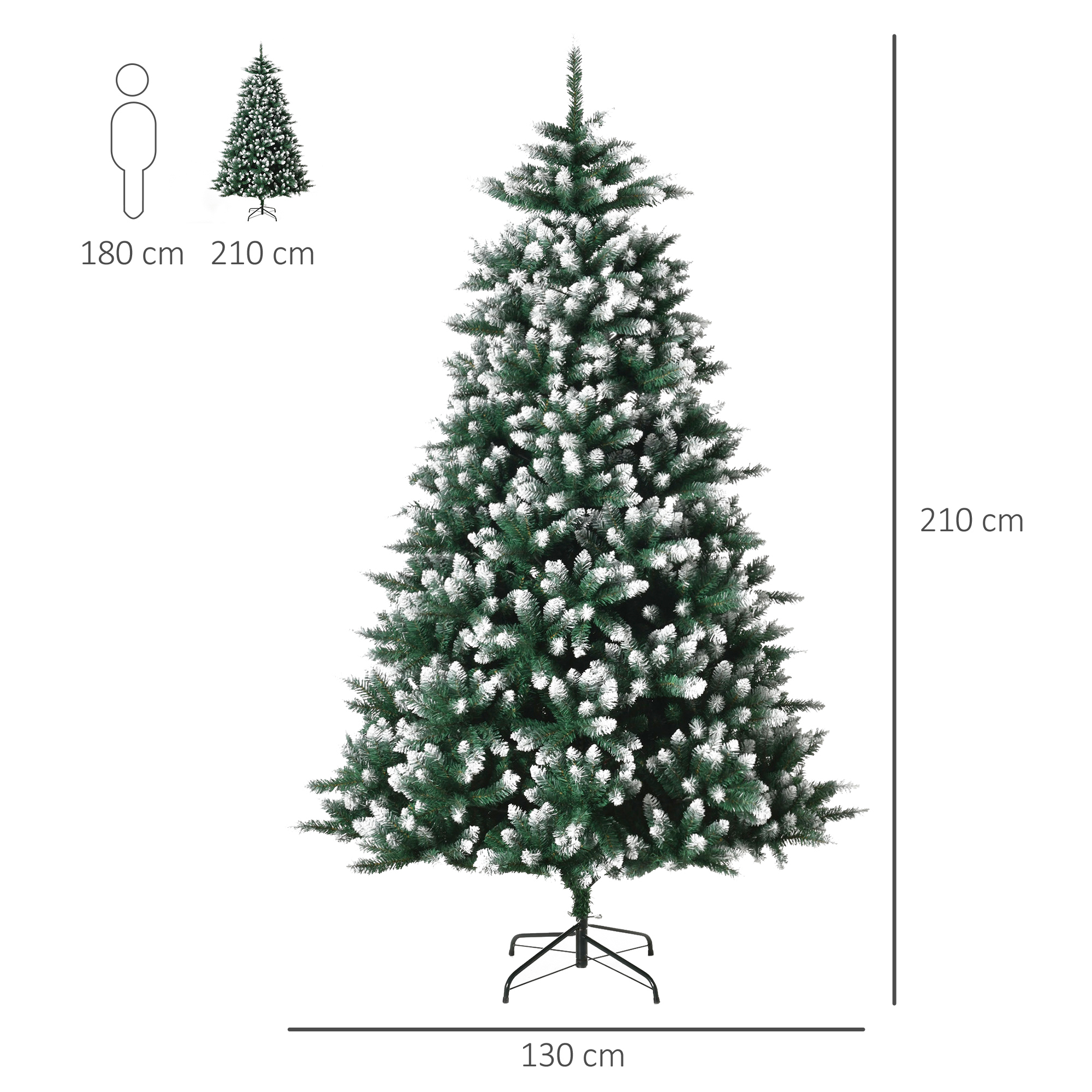 Un árbol de Navidad artificial grande, alto, verde, con 'nieve' blanca y dimensiones de 210cm x 130cm.