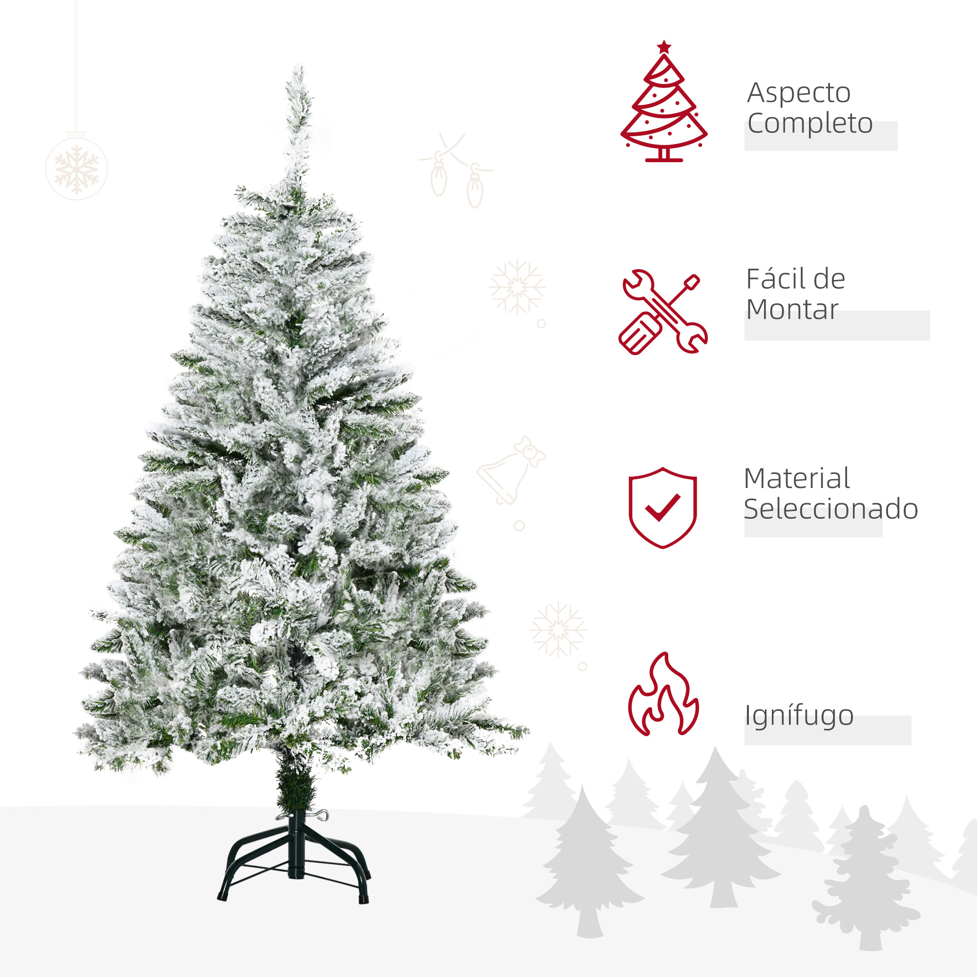 Árbol de Navidad blanco con agujas verdes, efecto nevado e iconos que indican características, aislado sobre blanco.
