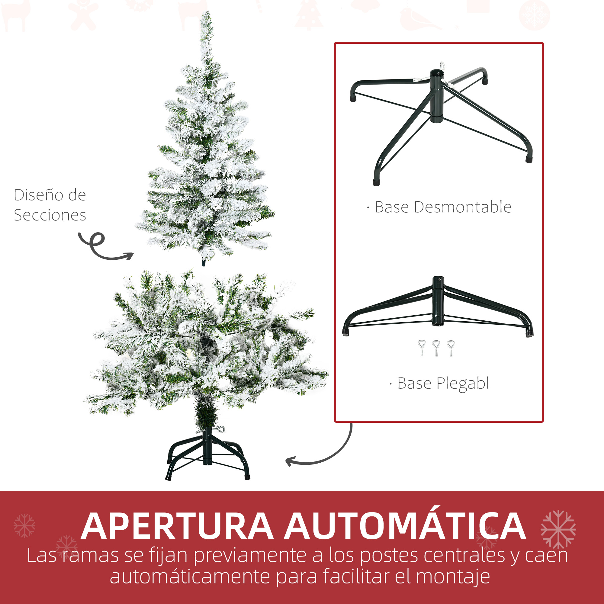 Un árbol de Navidad con nieve, con base plegable y diseño de secciones. Detalles en español.