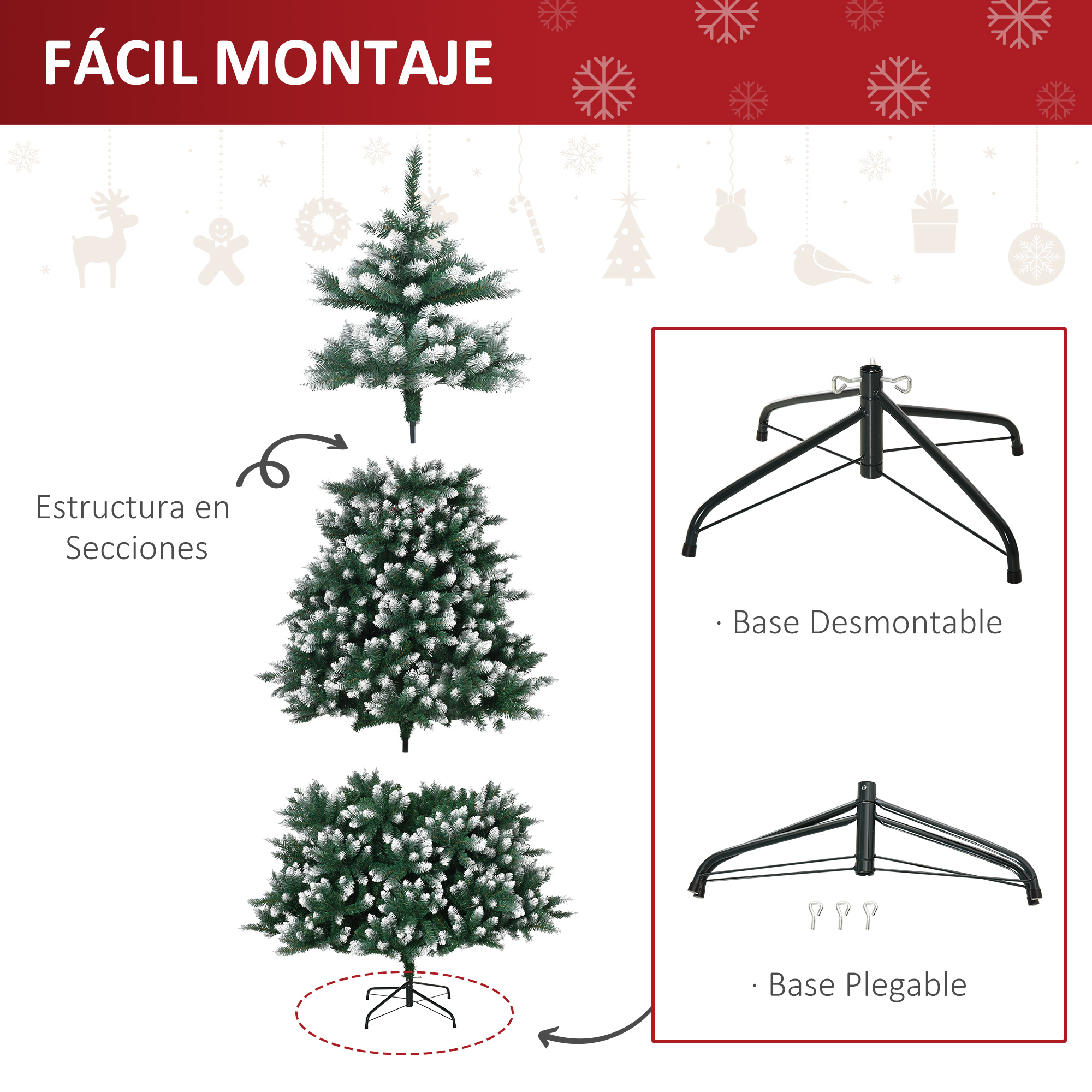 Diagrama de montaje de un árbol de Navidad, con secciones y componentes de la base. Texto: 'FÁCIL MONTAJE'.