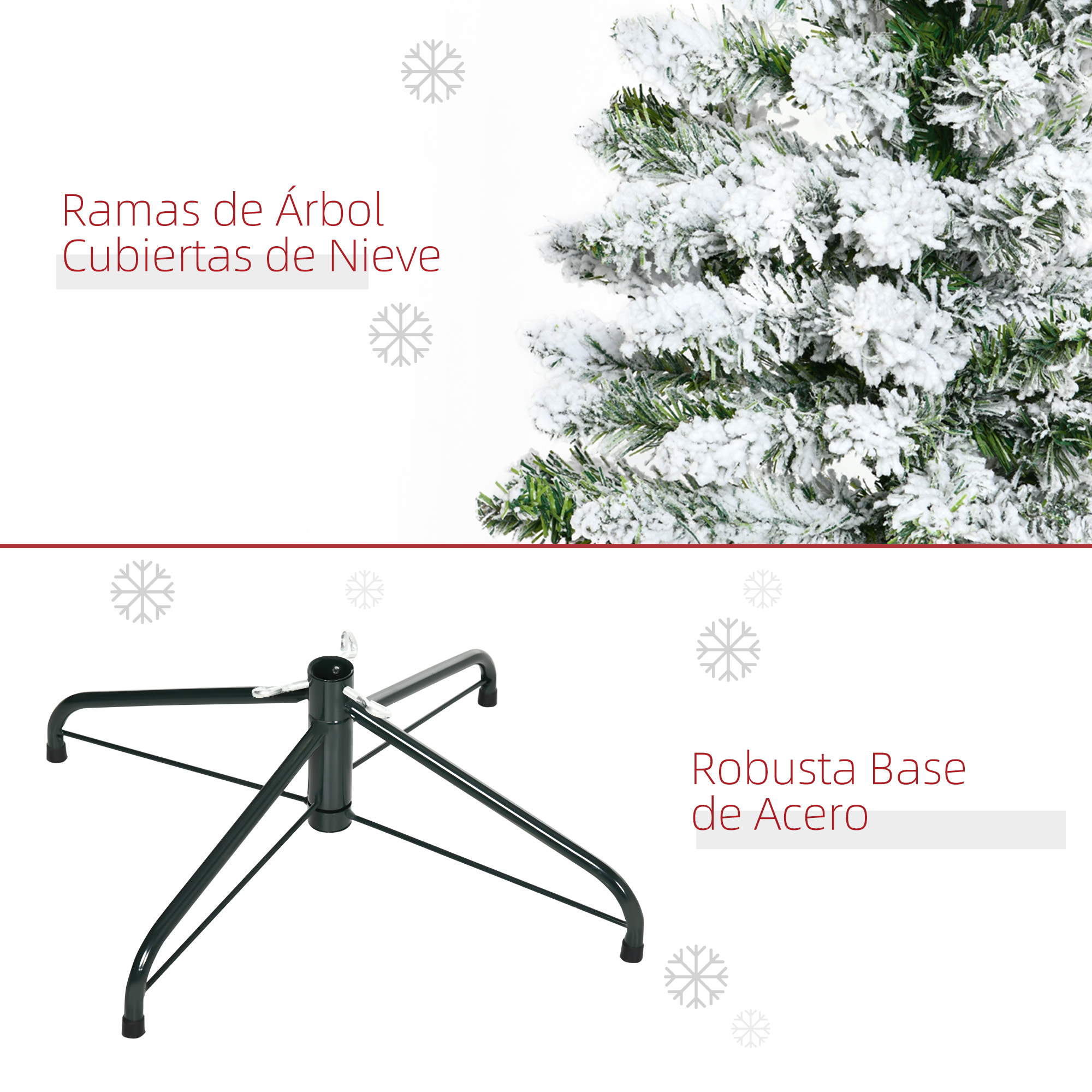 Base de árbol de Navidad y ramas cubiertas de nieve.