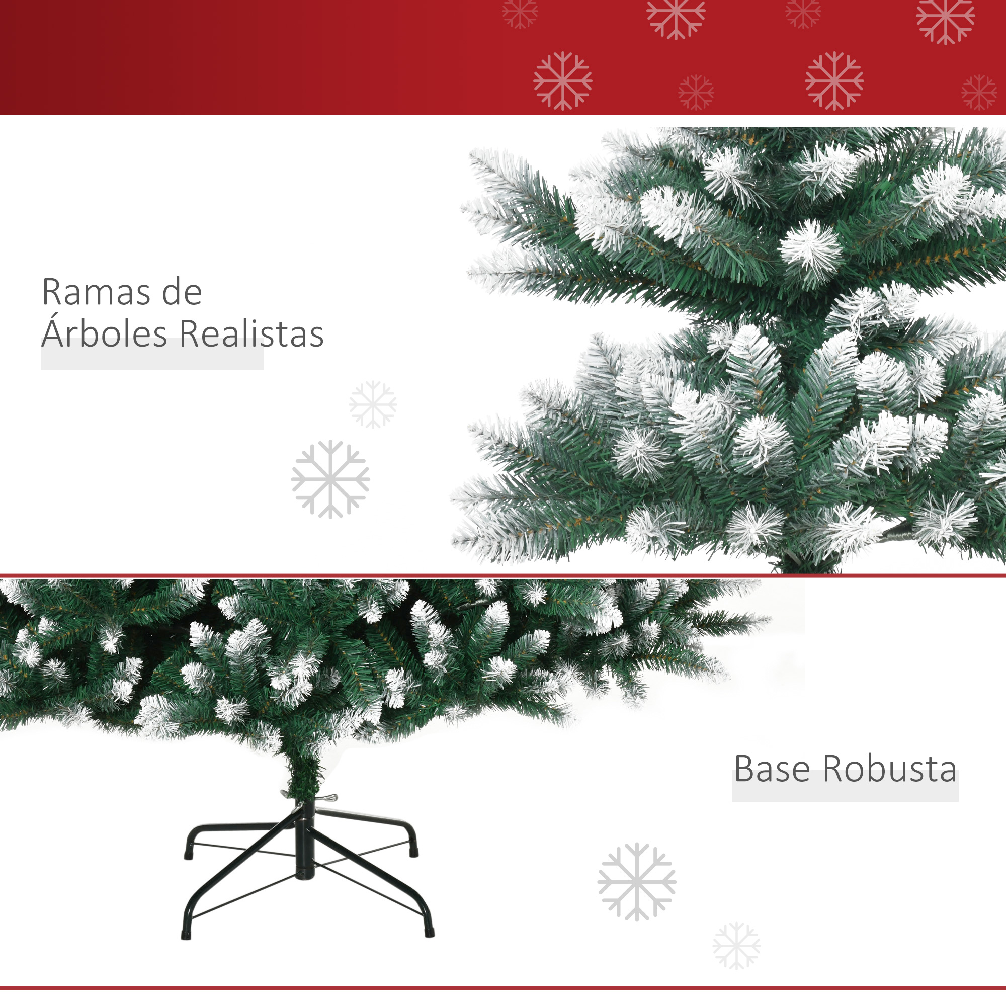 Primer plano de un árbol de Navidad con ramas nevadas y base robusta.