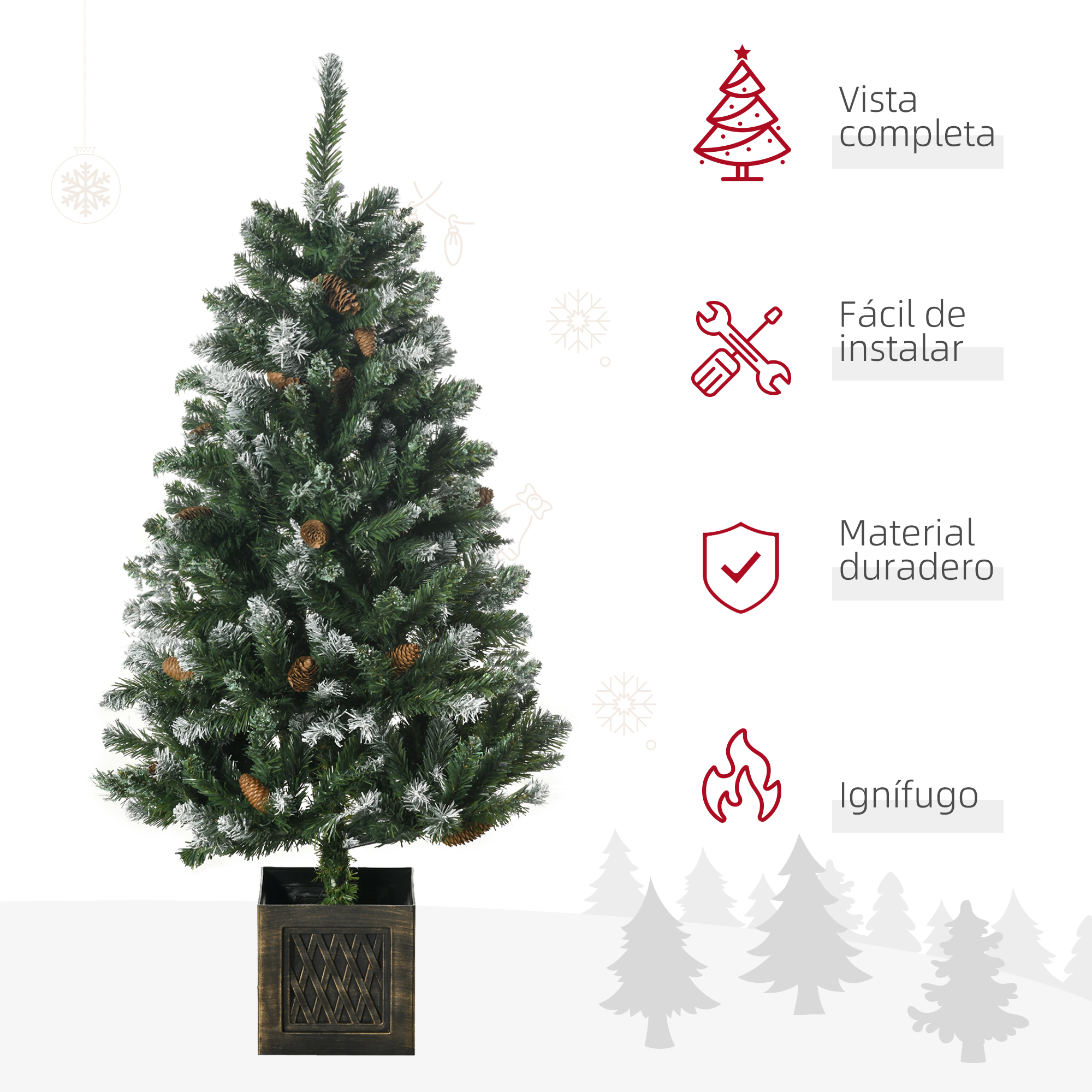 Árbol de Navidad con adornos, nieve y base de madera.