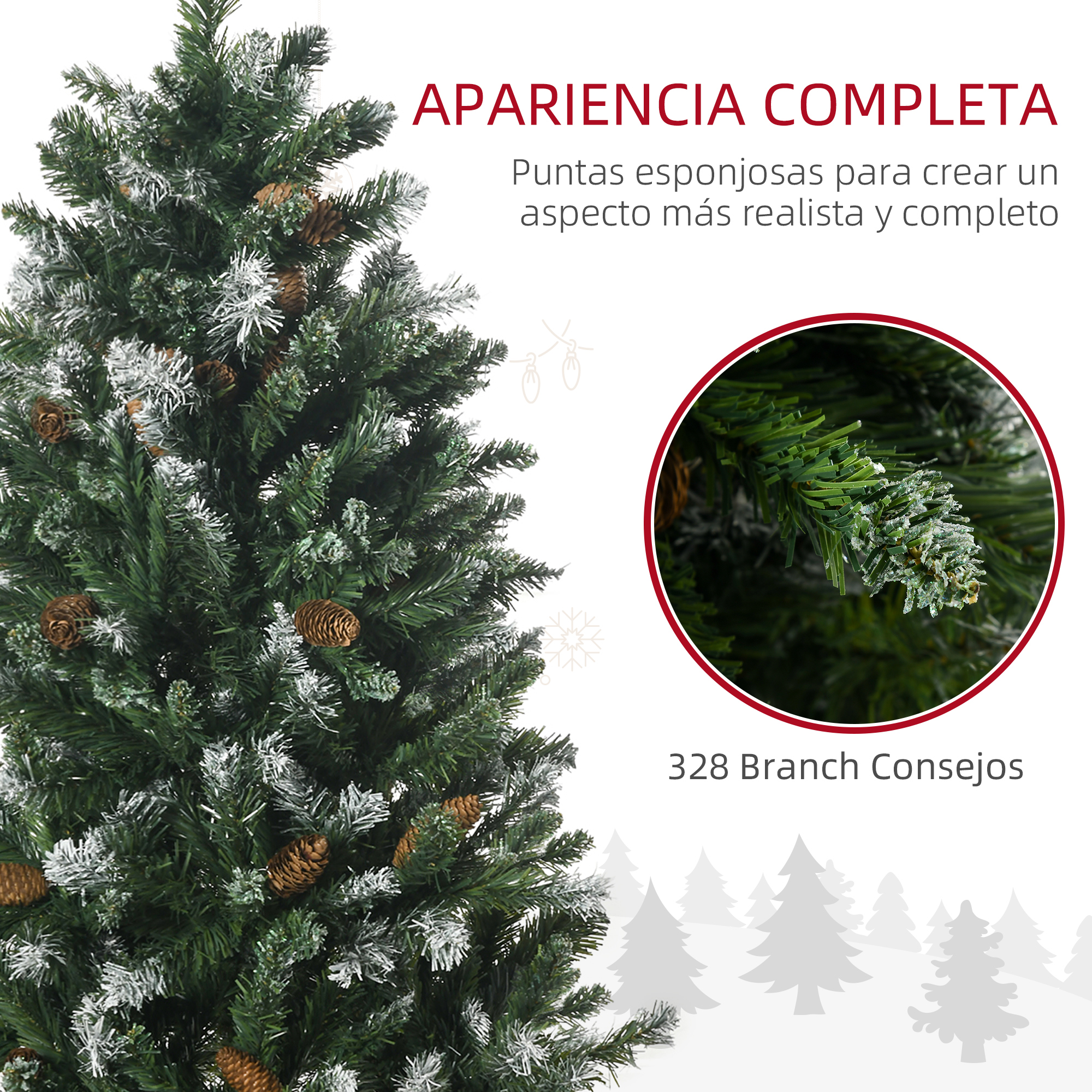Un árbol de Navidad con piñas cubiertas de nieve, con texto en español. Se muestra un primer plano de una rama.