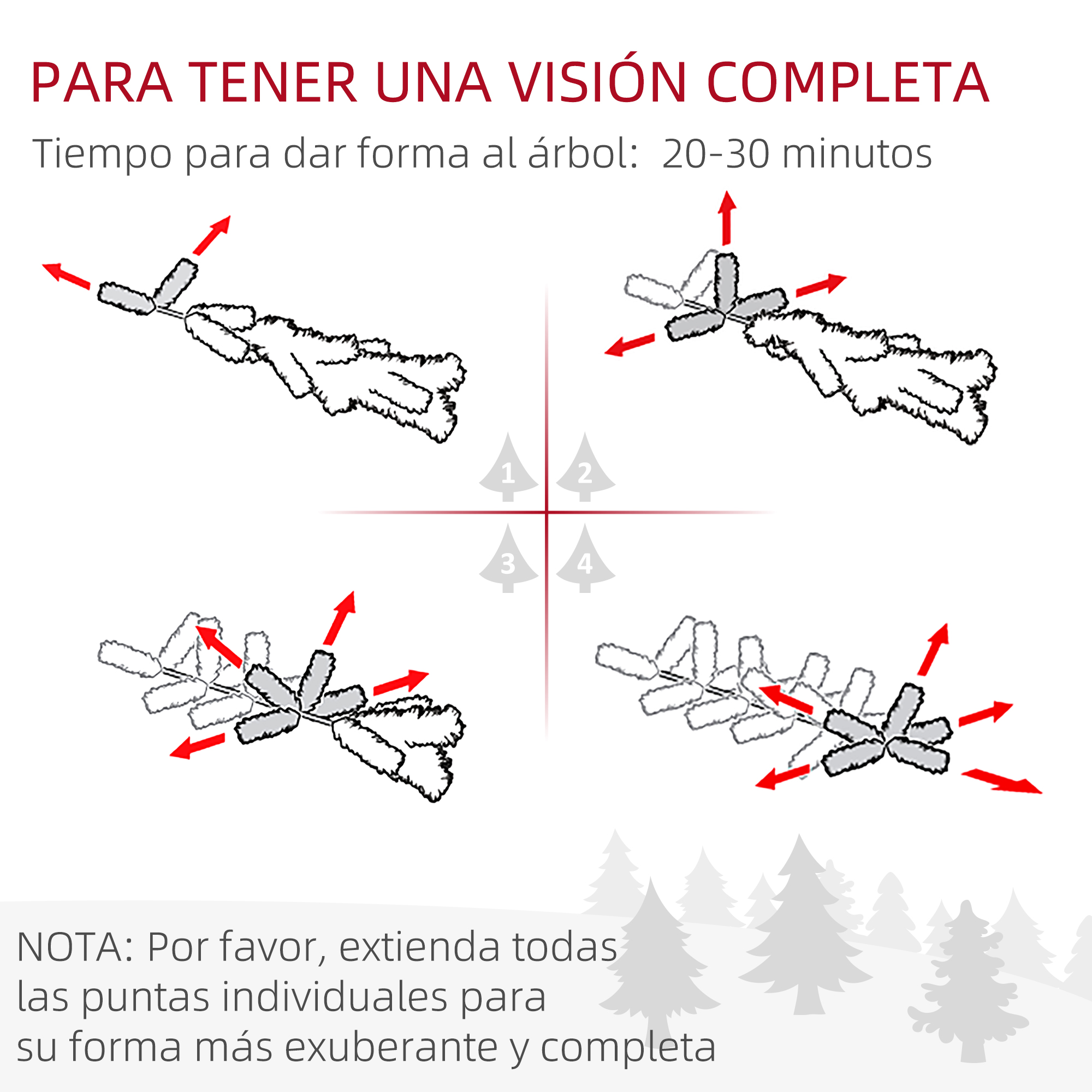 Diagrama que muestra cómo dar forma a un árbol de Navidad con flechas e instrucciones.