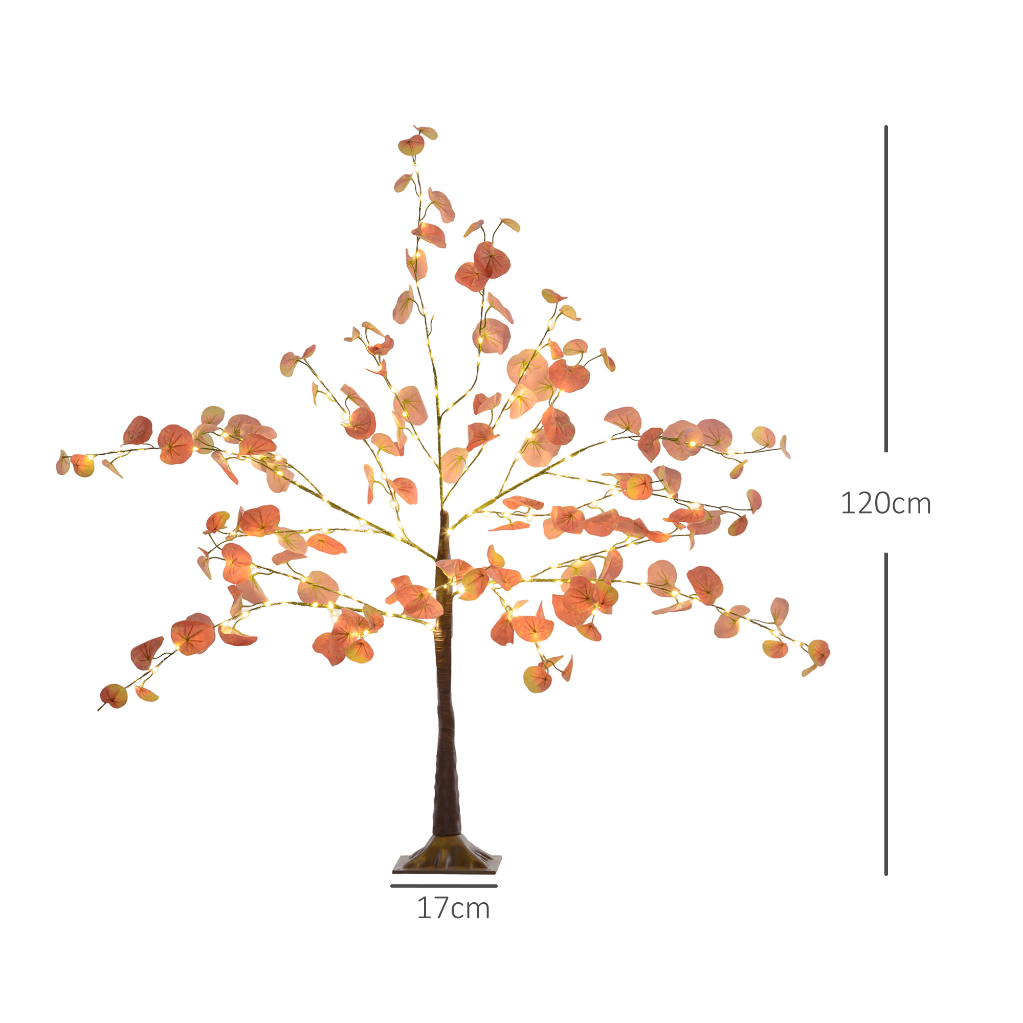 Árbol artificial con hojas y luces naranjas, con una altura de 120cm.