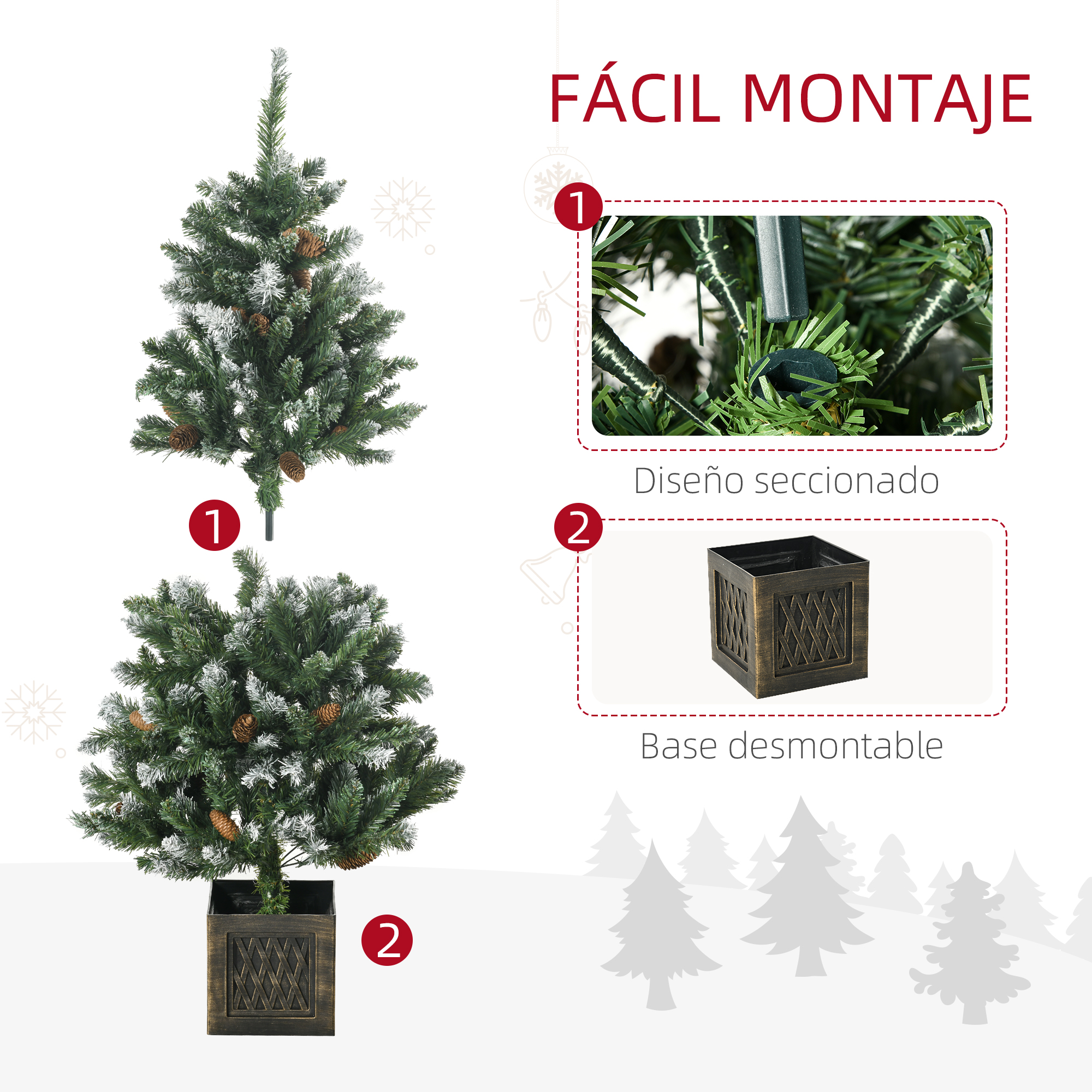 Árbol de Navidad con piñas, diseño seccionado y base extraíble. Efecto nieve en ramas.