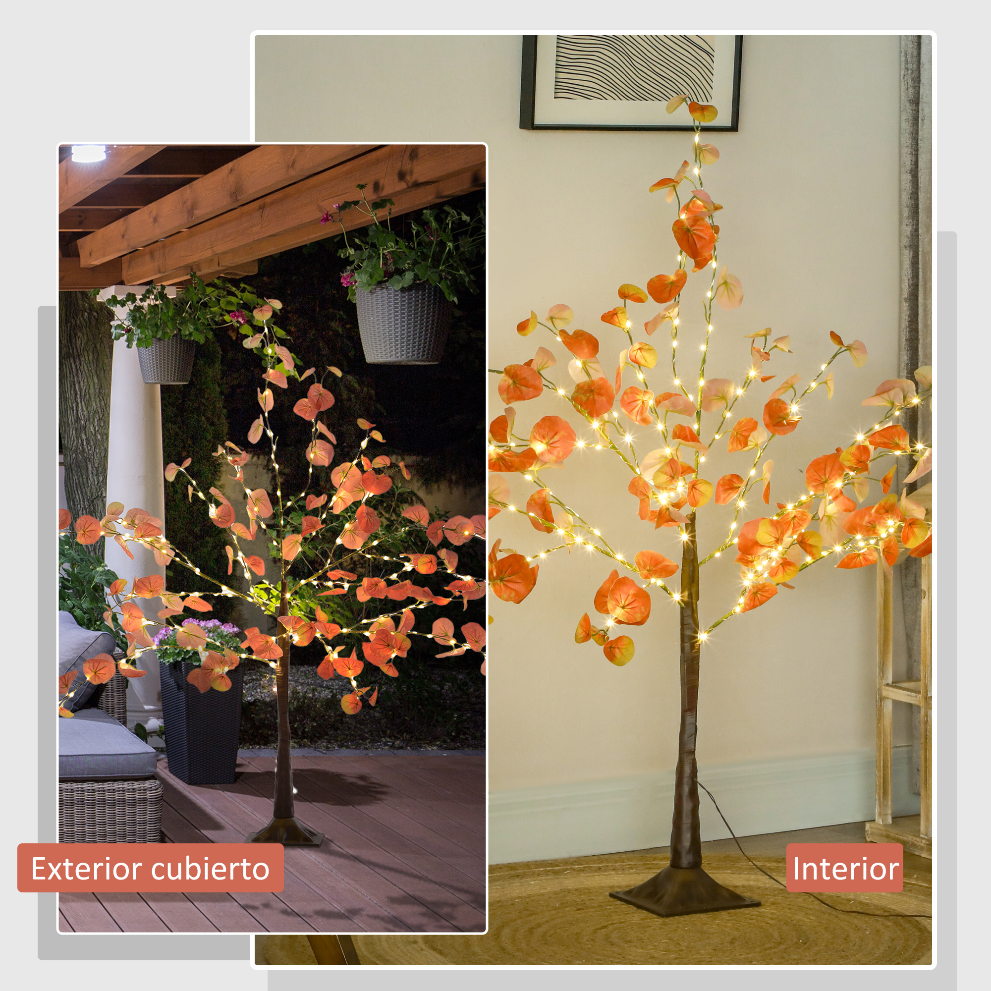 Un árbol decorativo iluminado con hojas naranjas, que se muestra en interiores y exteriores.