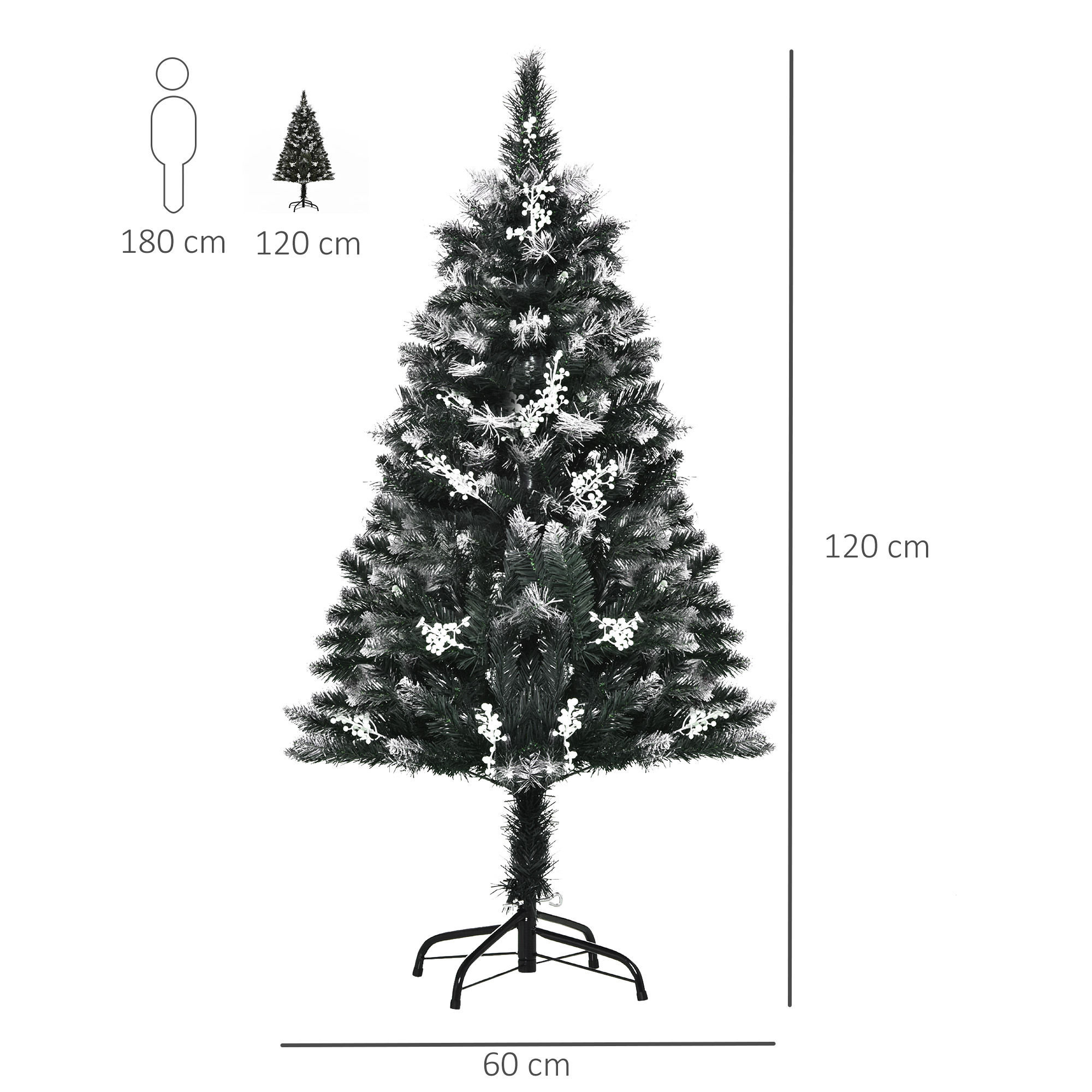 Un árbol de Navidad negro con adornos blancos. Dimensiones: 120 cm altura, 60 cm ancho. Silueta de persona y árbol.