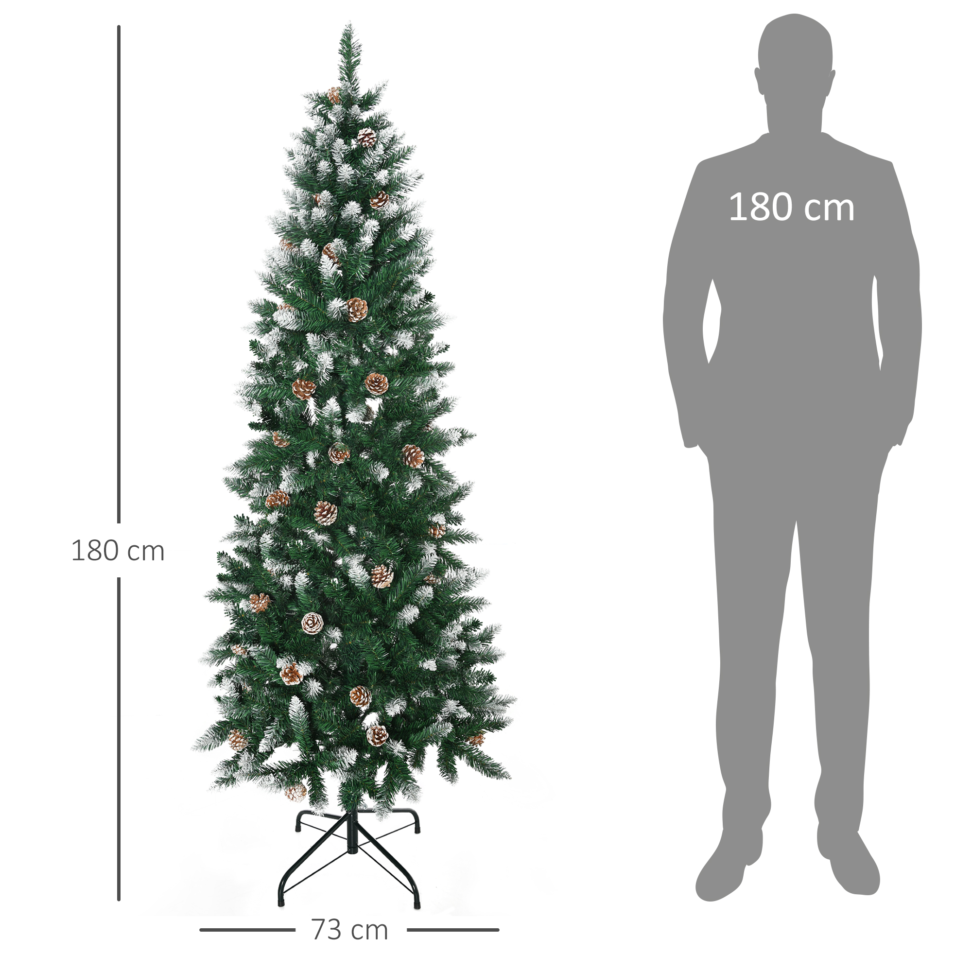Árbol de Navidad alto con nieve y piñas, silueta de persona, 180 cm alto.