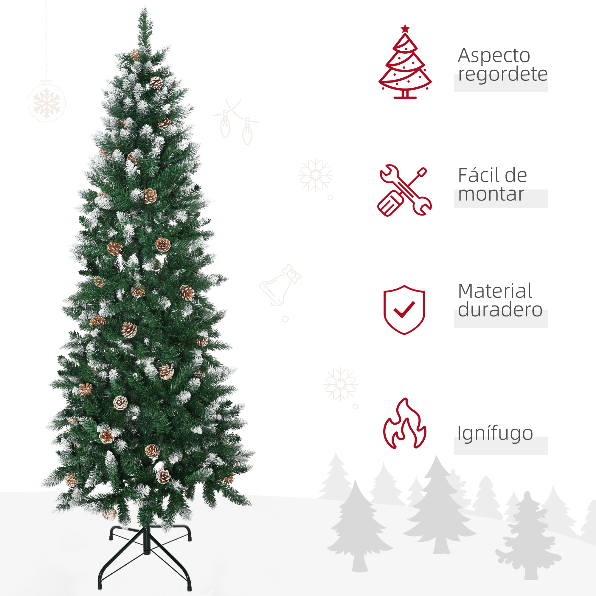 Árbol de Navidad alto y verde con piñas, sobre un soporte. Los iconos muestran características.