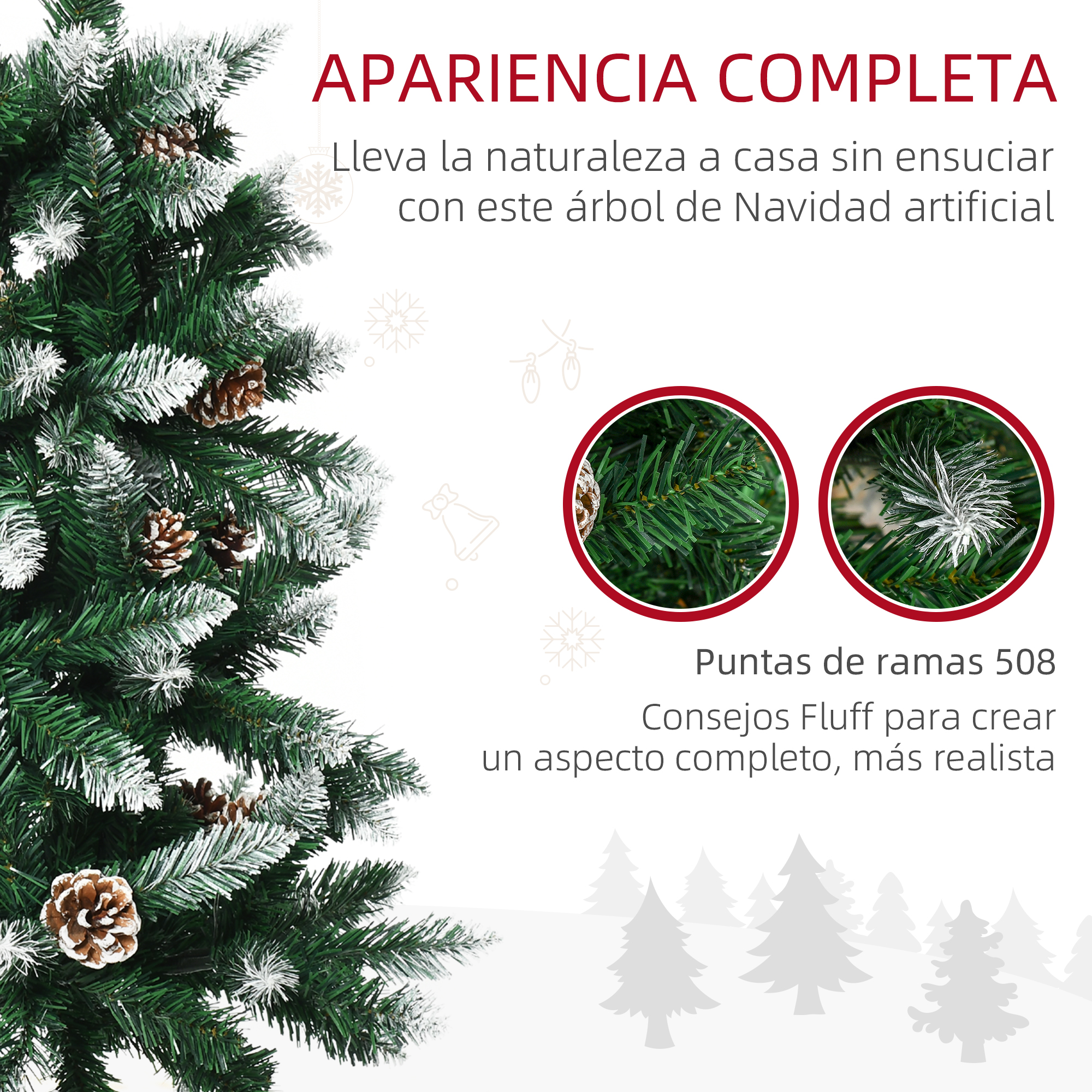 Árbol de Navidad con efecto nieve, piñas. Detalles de puntas de ramas y apariencia.