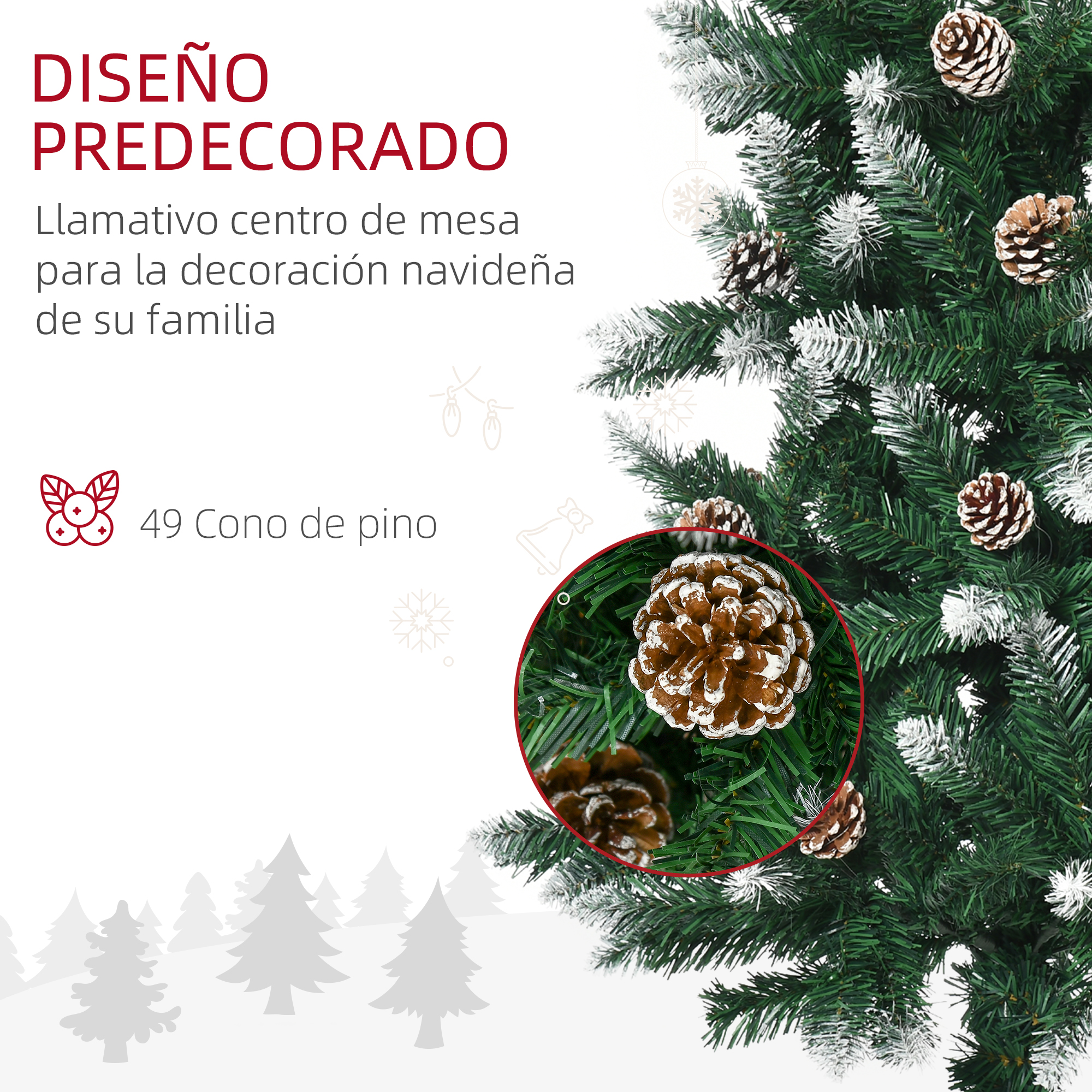 Primer plano de un árbol de Navidad con piñas y texto en español.