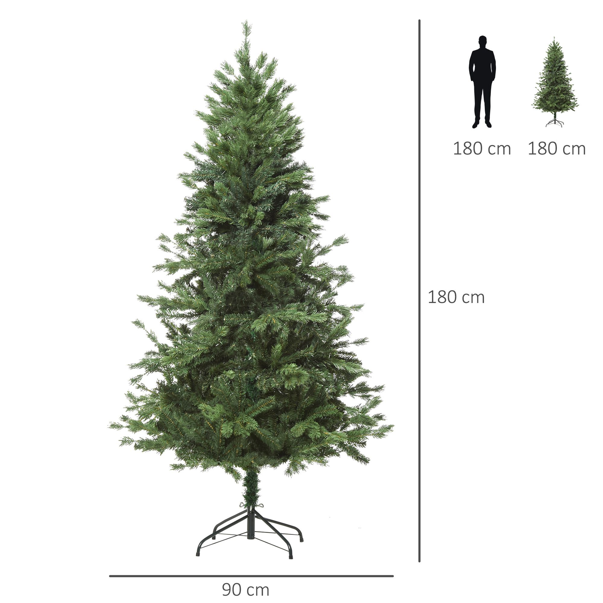 Árbol de Navidad verde con dimensiones y silueta de persona.