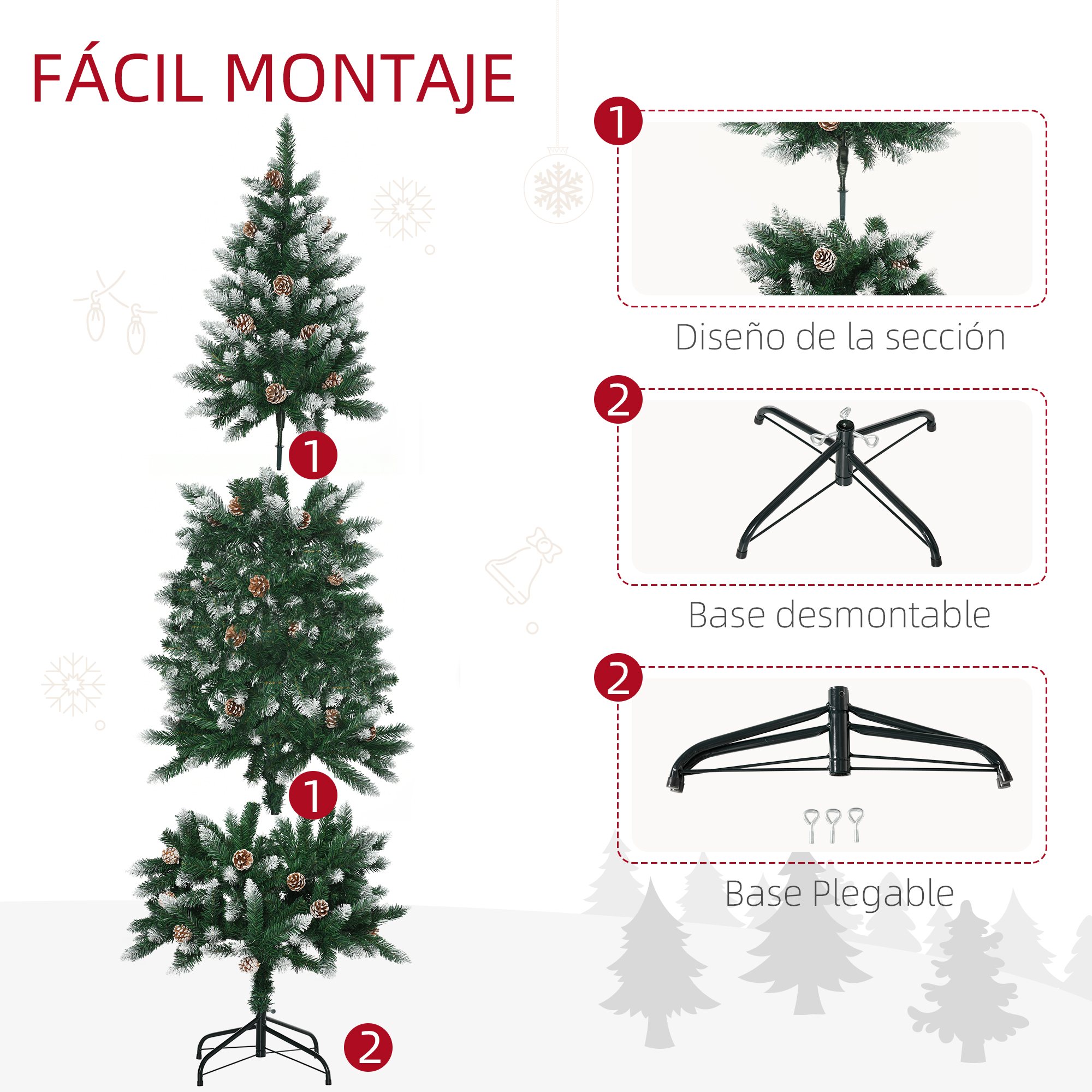 Diagrama: Montaje de árbol de Navidad artificial, con secciones y base plegable.