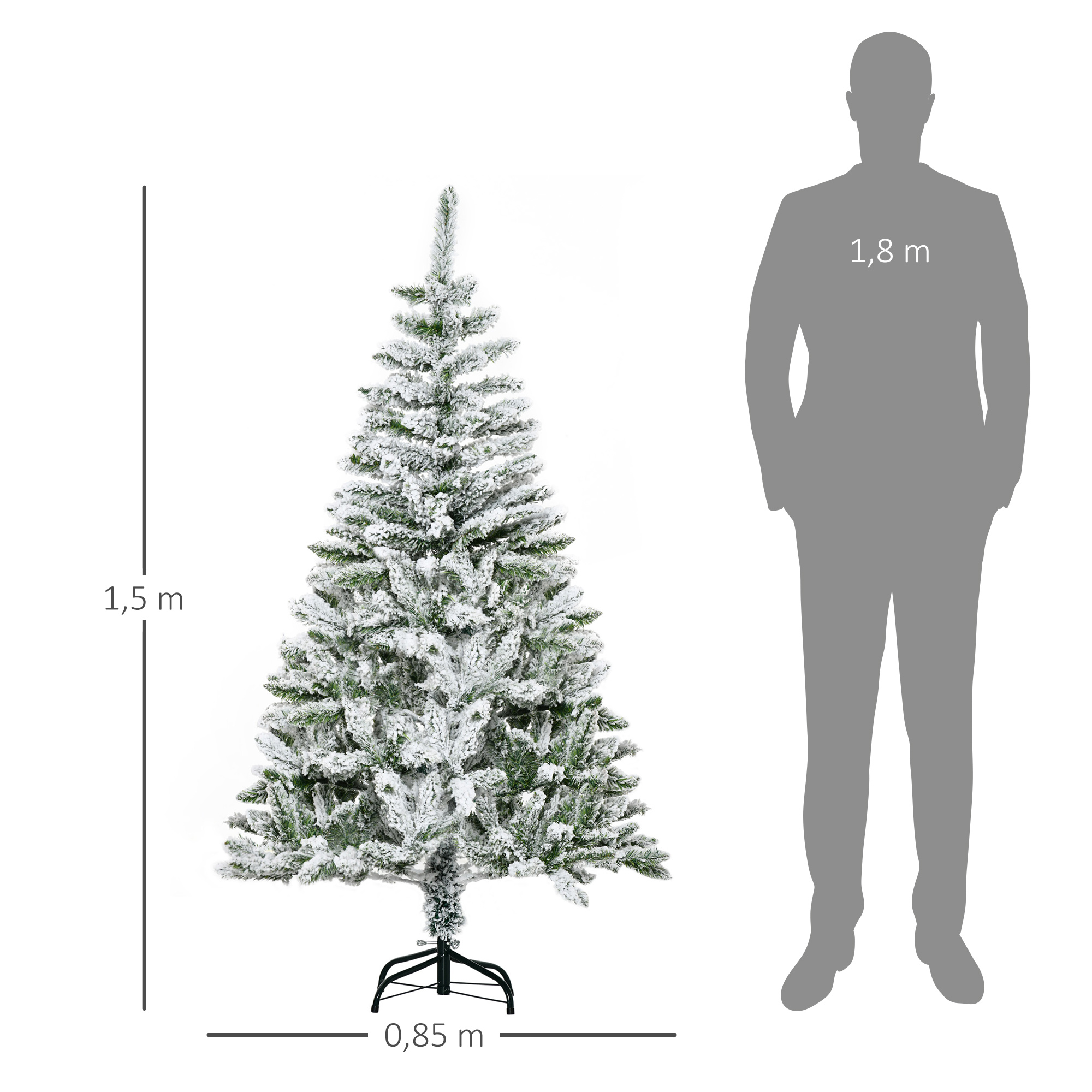 Árbol de Navidad nevado, dimensiones y silueta humana sobre fondo blanco.