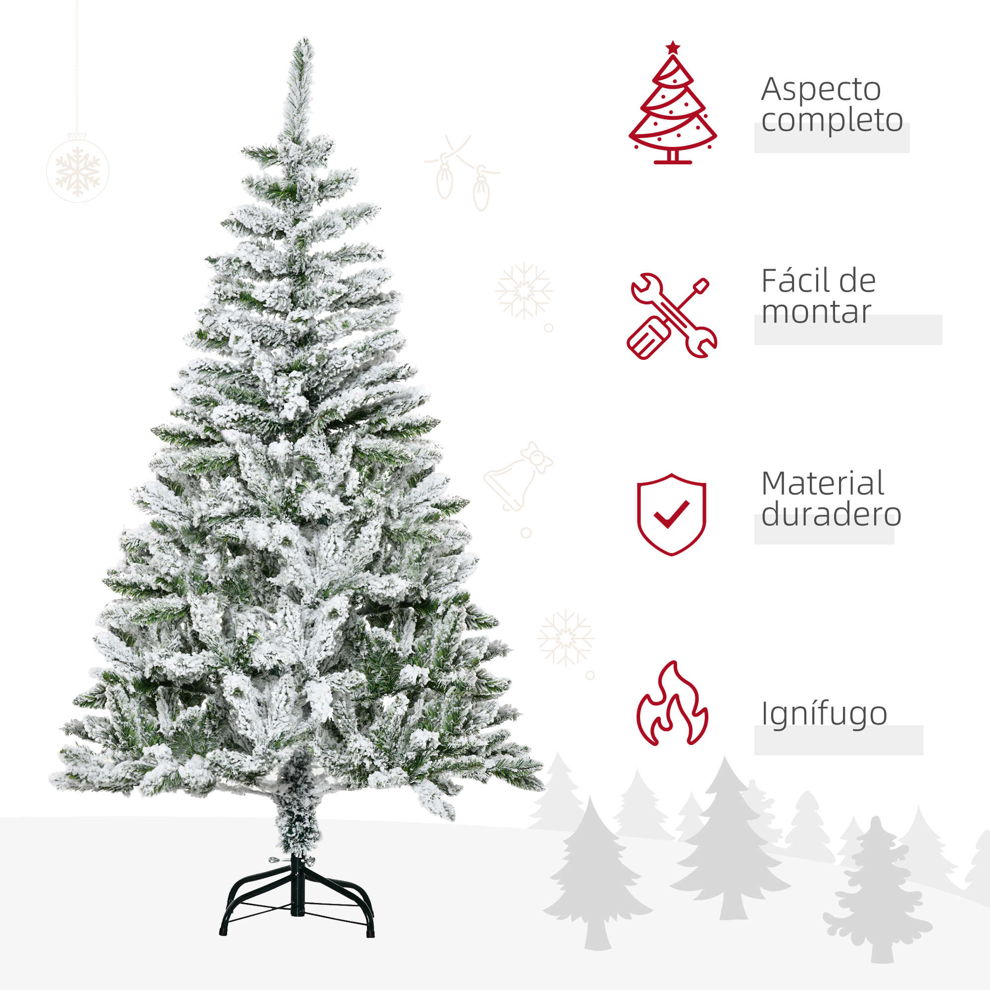 Un árbol de Navidad blanco, con detalles sobre su fácil montaje, materiales ignífugos y durabilidad.