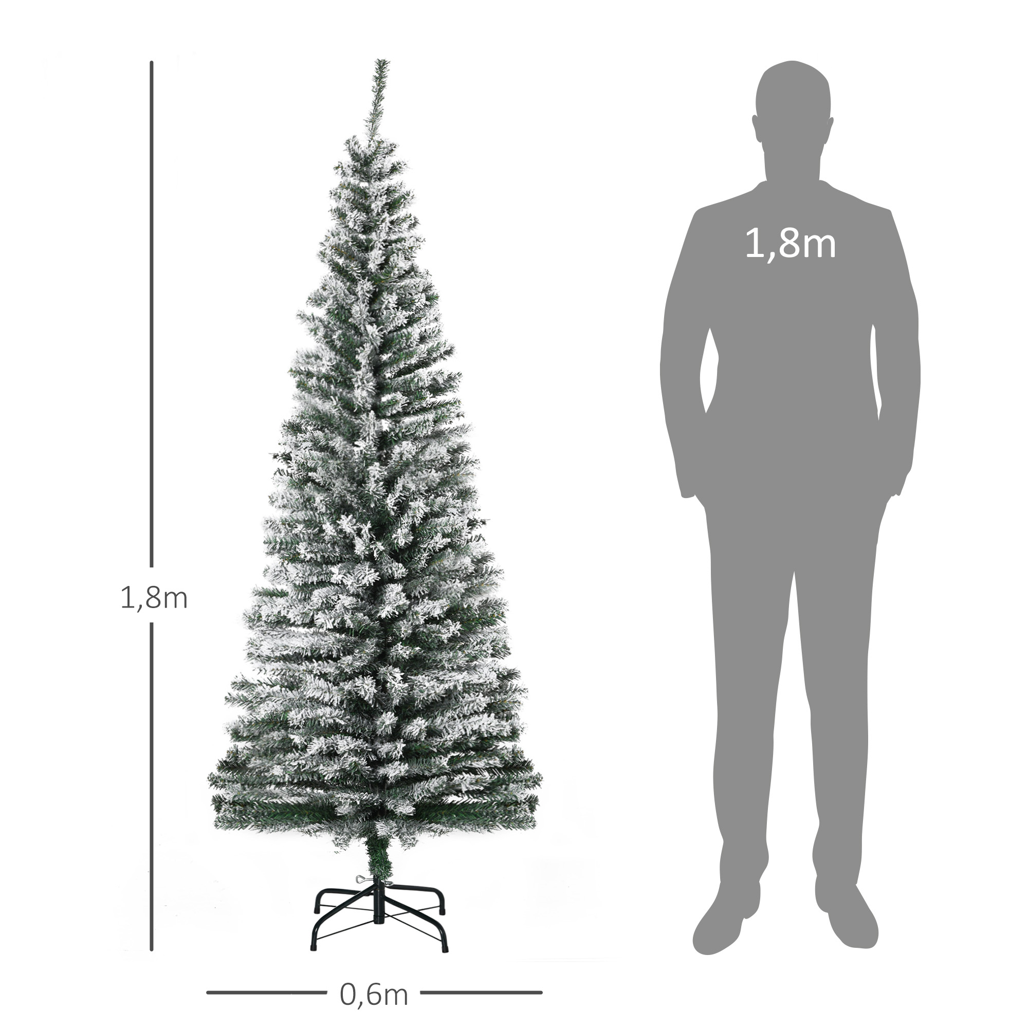 Un árbol de Navidad artificial alto y delgado, con una persona al lado para la escala.