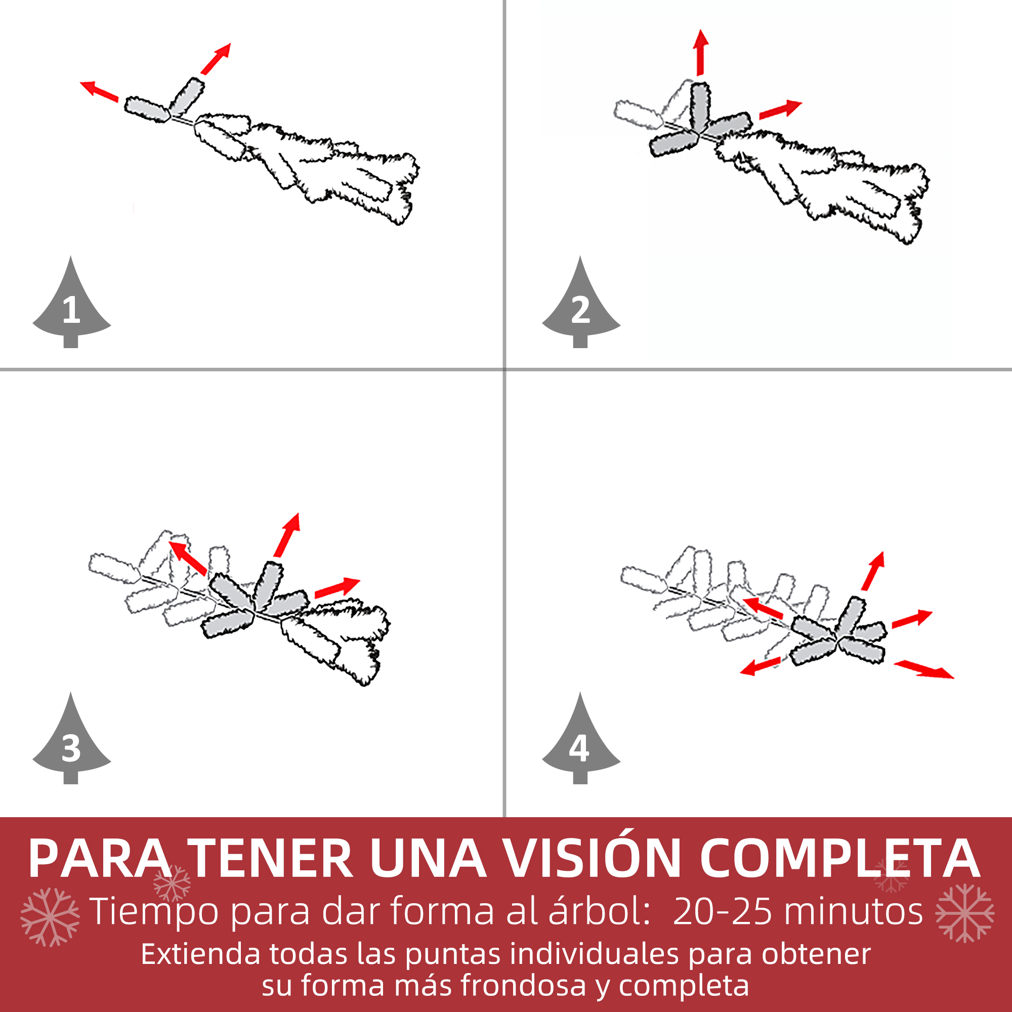 Cuatro pasos que muestran cómo montar un árbol de Navidad, con flechas y texto en español.
