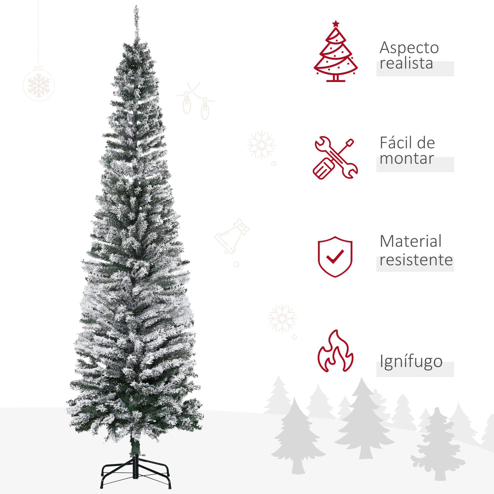 Un árbol de Navidad alto y nevado con iconos y texto. Características: realista, fácil de montar, ignífugo.